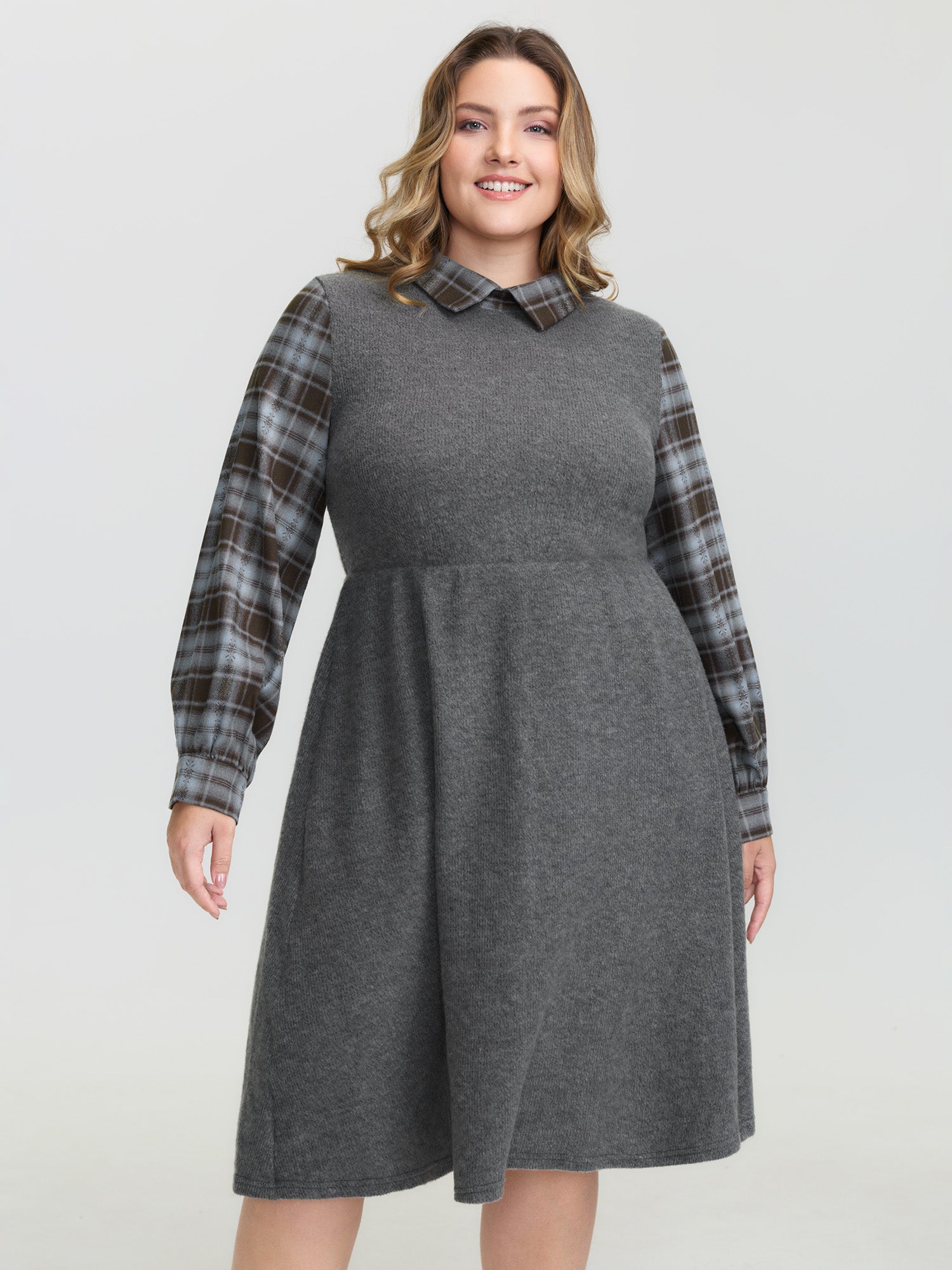 Plaid Sleeve Ribbed Pockets Midi Dress