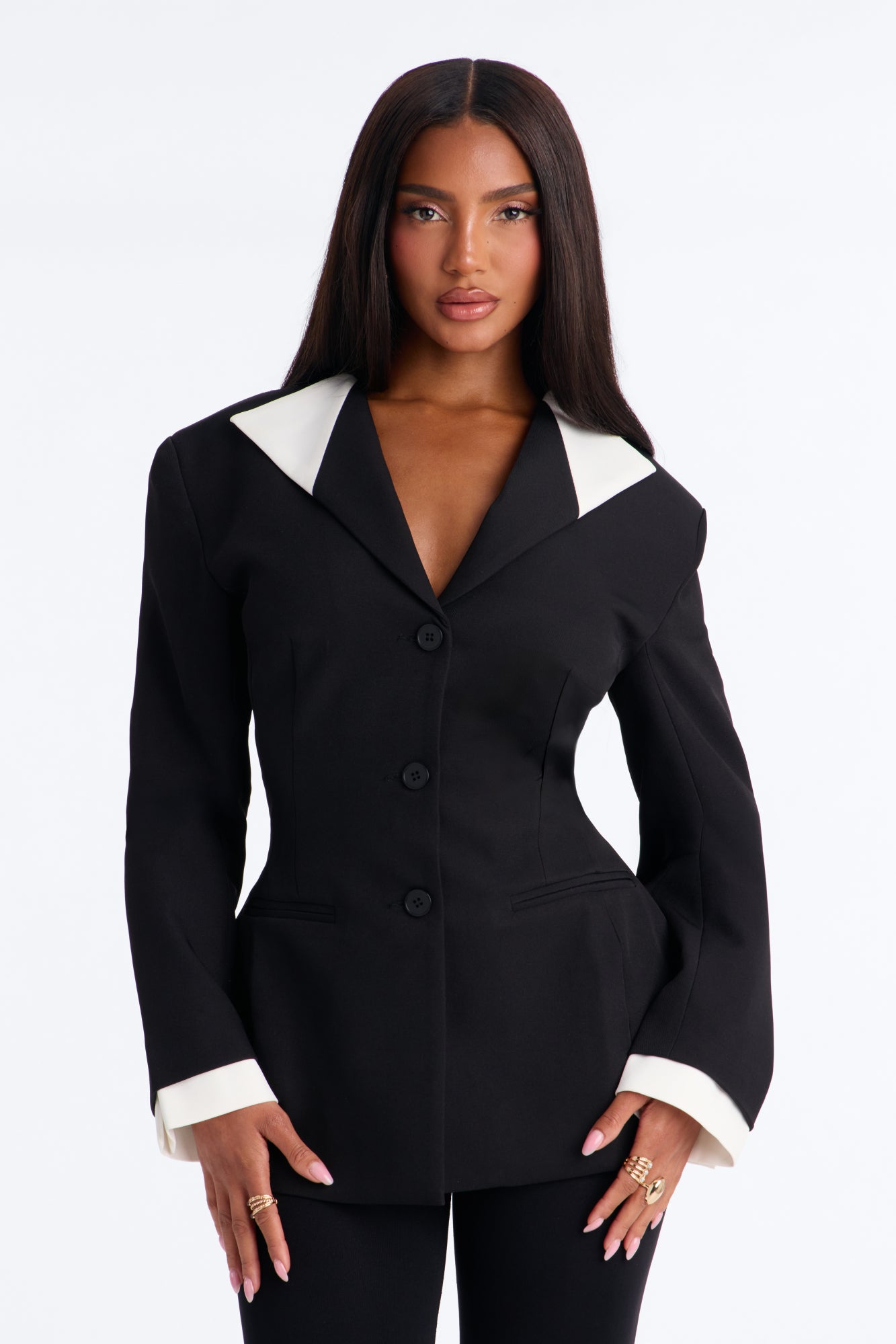 Bel Air Contrast Trim Hourglass Structured Blazer - Black/White