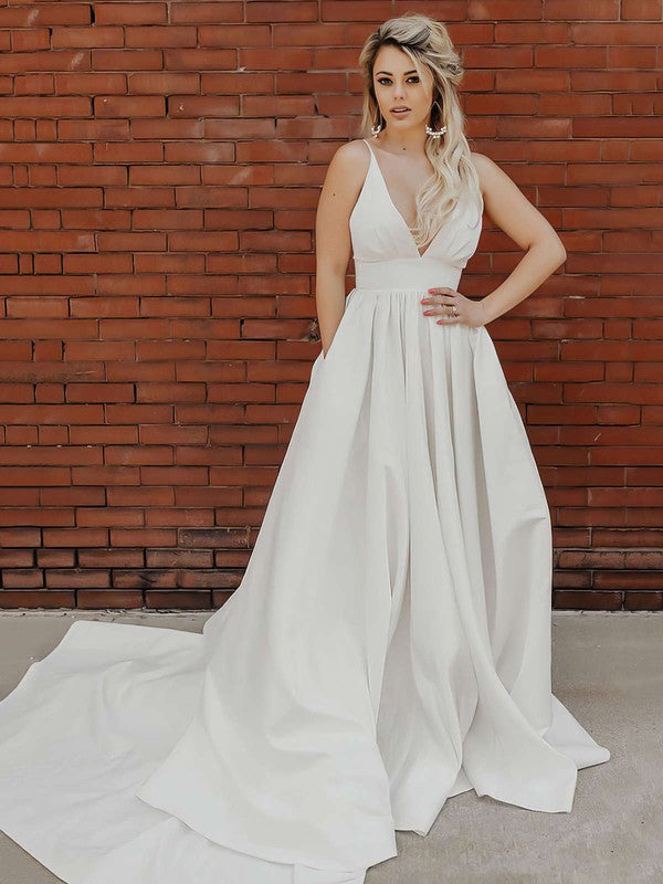 Tredny Deep V-Neck Sleeveless A-Line Satin Court Train Wedding Dresses with Pockets