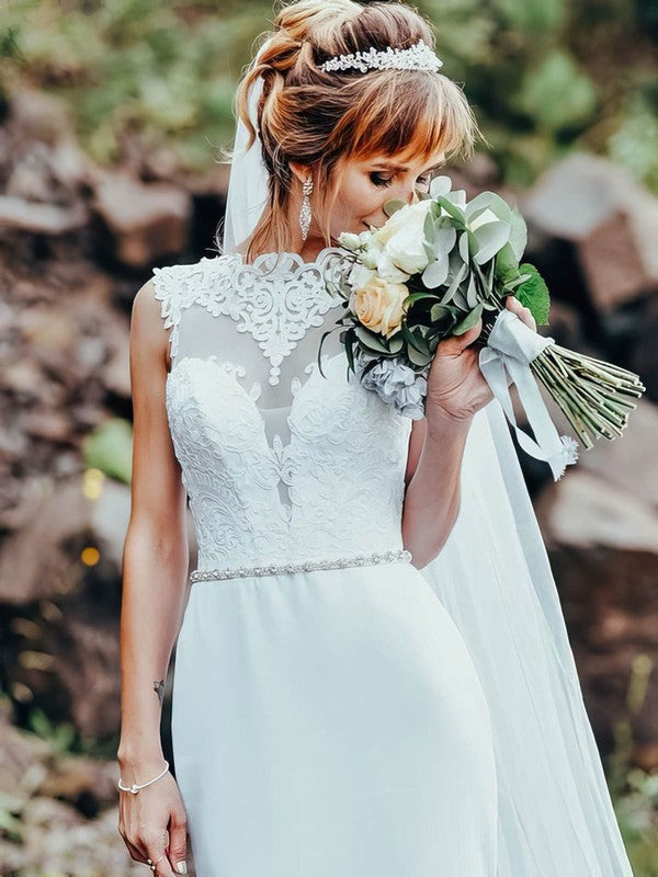 Exquisite Sheath Sleeveless Lace Satin Sweep Train Wedding Dresses with Beads