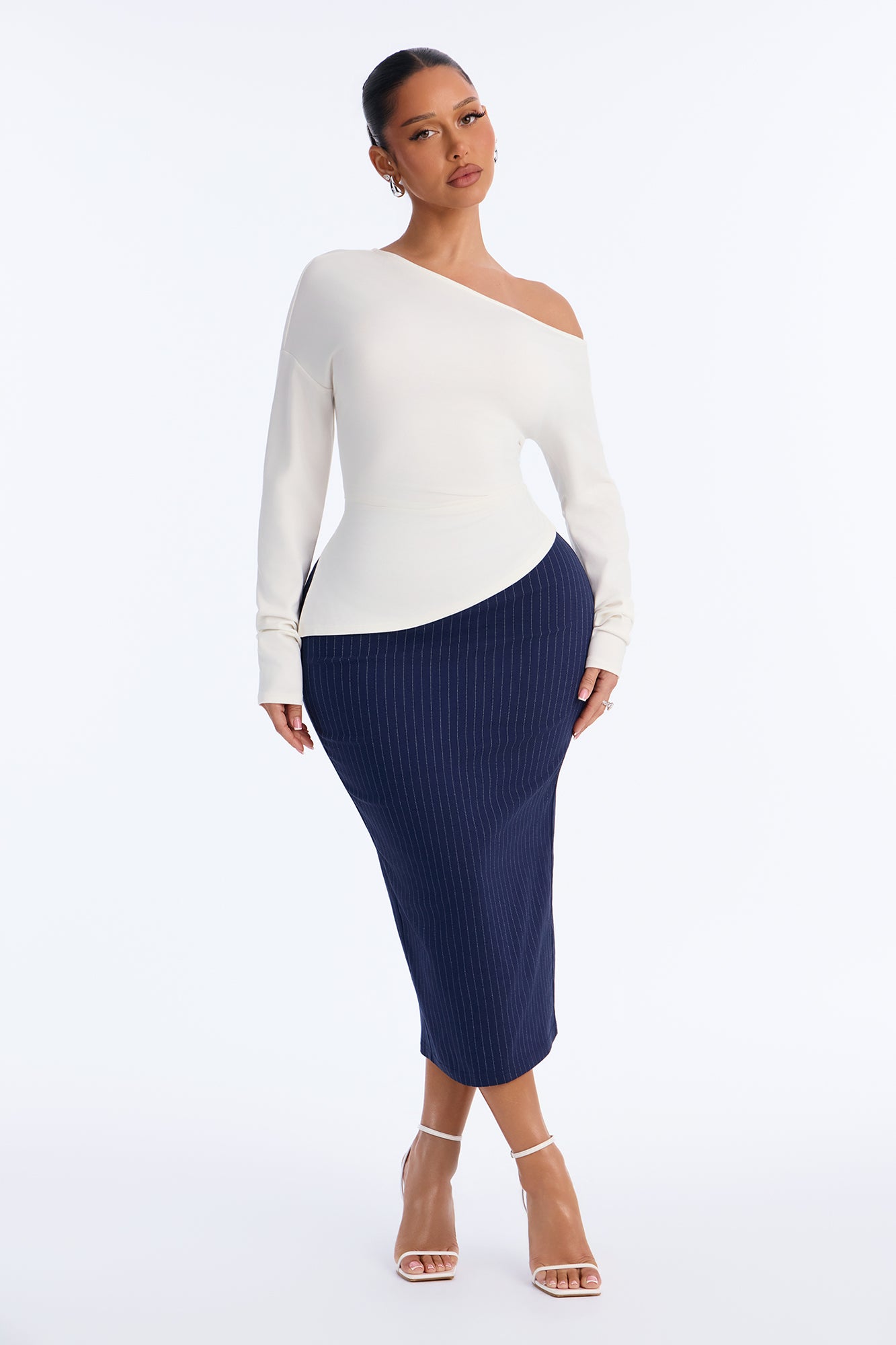 Power Hour Pinstripe Pencil Midi Skirt - Navy