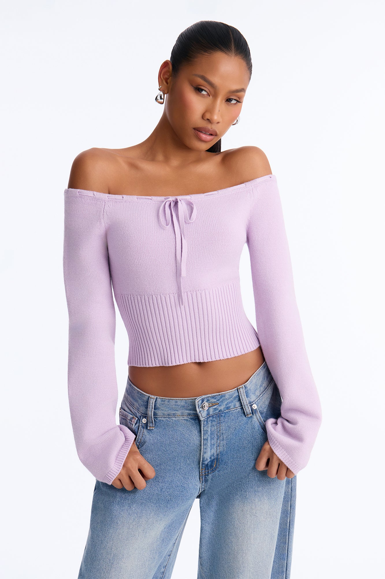 Karina Off Shoulder Cropped Sweater - Lavender
