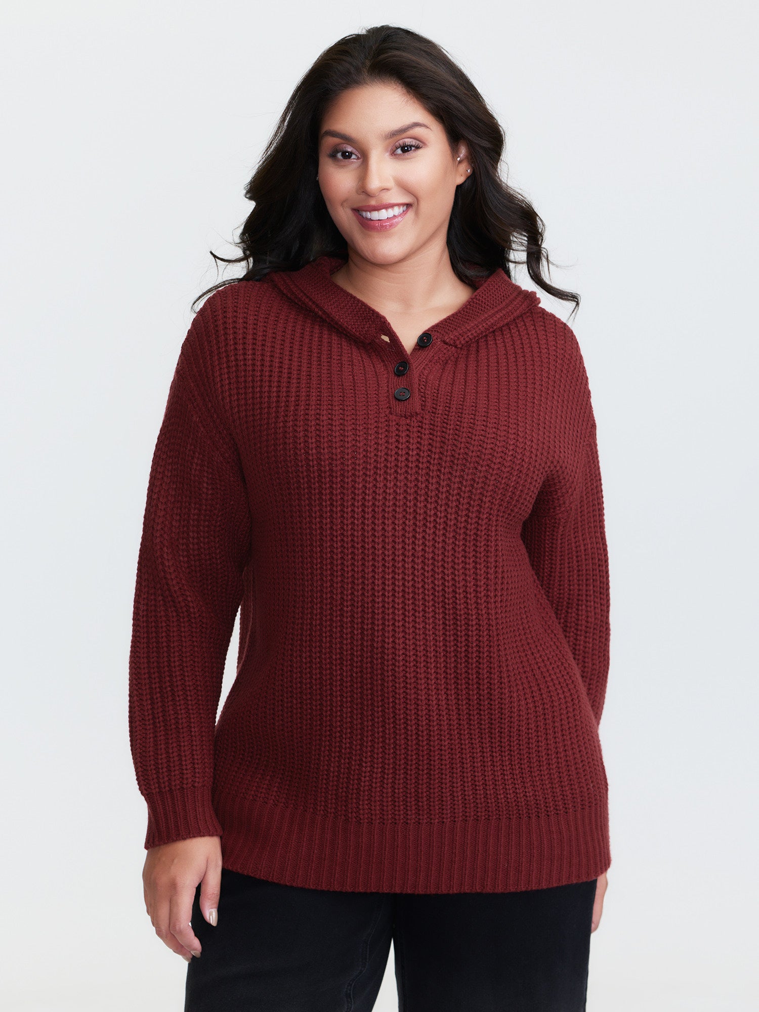 Hooded Textured Half Placket Button Pullover