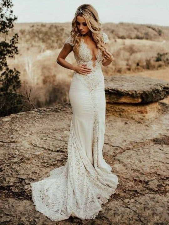 Chic Lace Satin Trumpet Deep V-Neck Wedding Dresses with Sweep Train