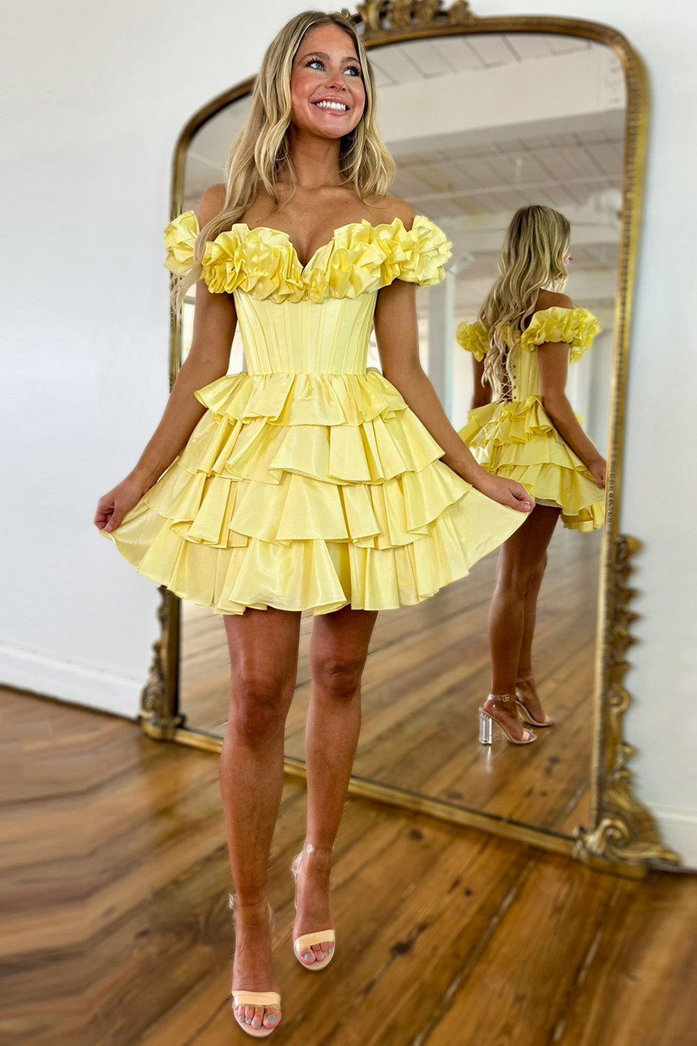 Yellow Off The Shoulder Corset Short Homecoming Dress/Mini Dress With Ruffles