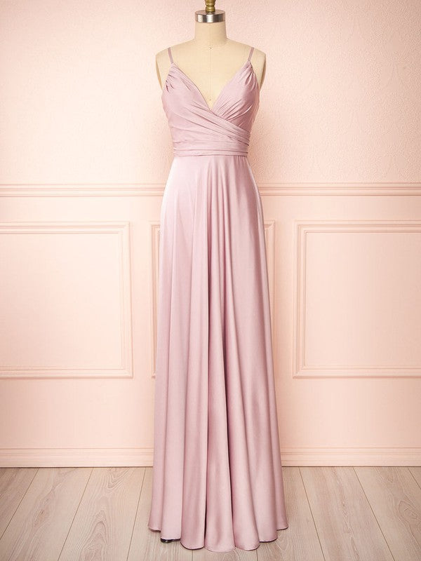 Stylish A-Line V-Neck Satin Floor-Length Bridesmaid Dresses with Ruffles
