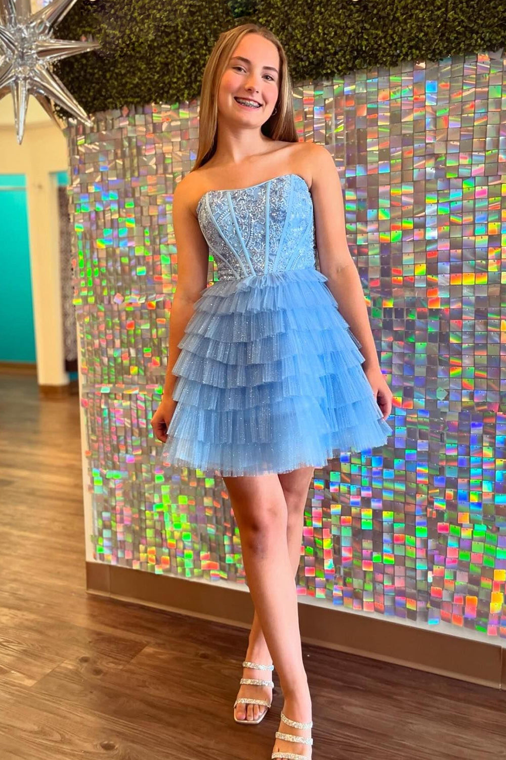Sparkly A Line Blue Strapless Corset Short Homecoming Dress/Mini Dress with Ruffles