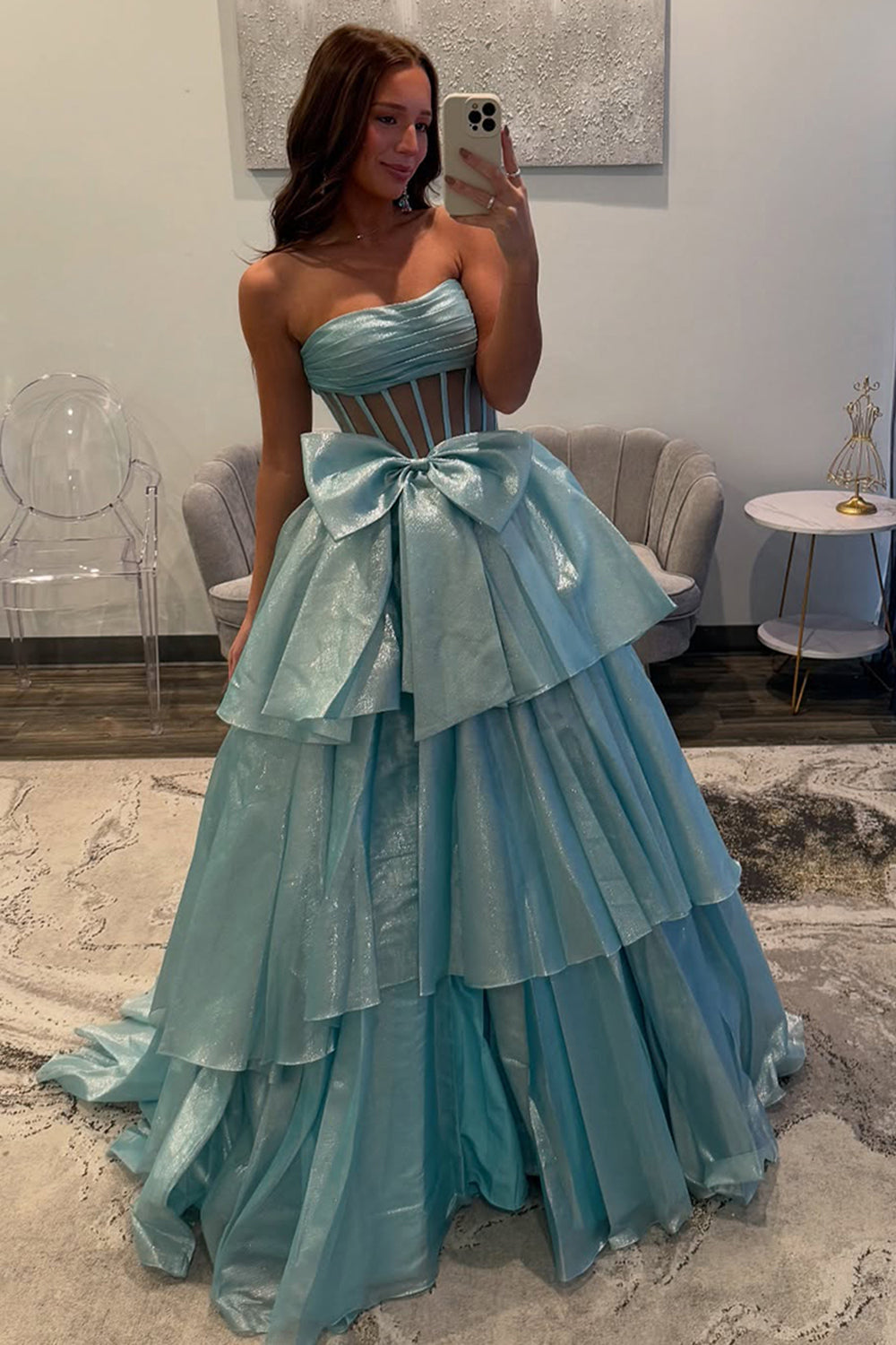 Blue Glitter Long A Line Strapless Corset Prom Dress with Tiered Slit