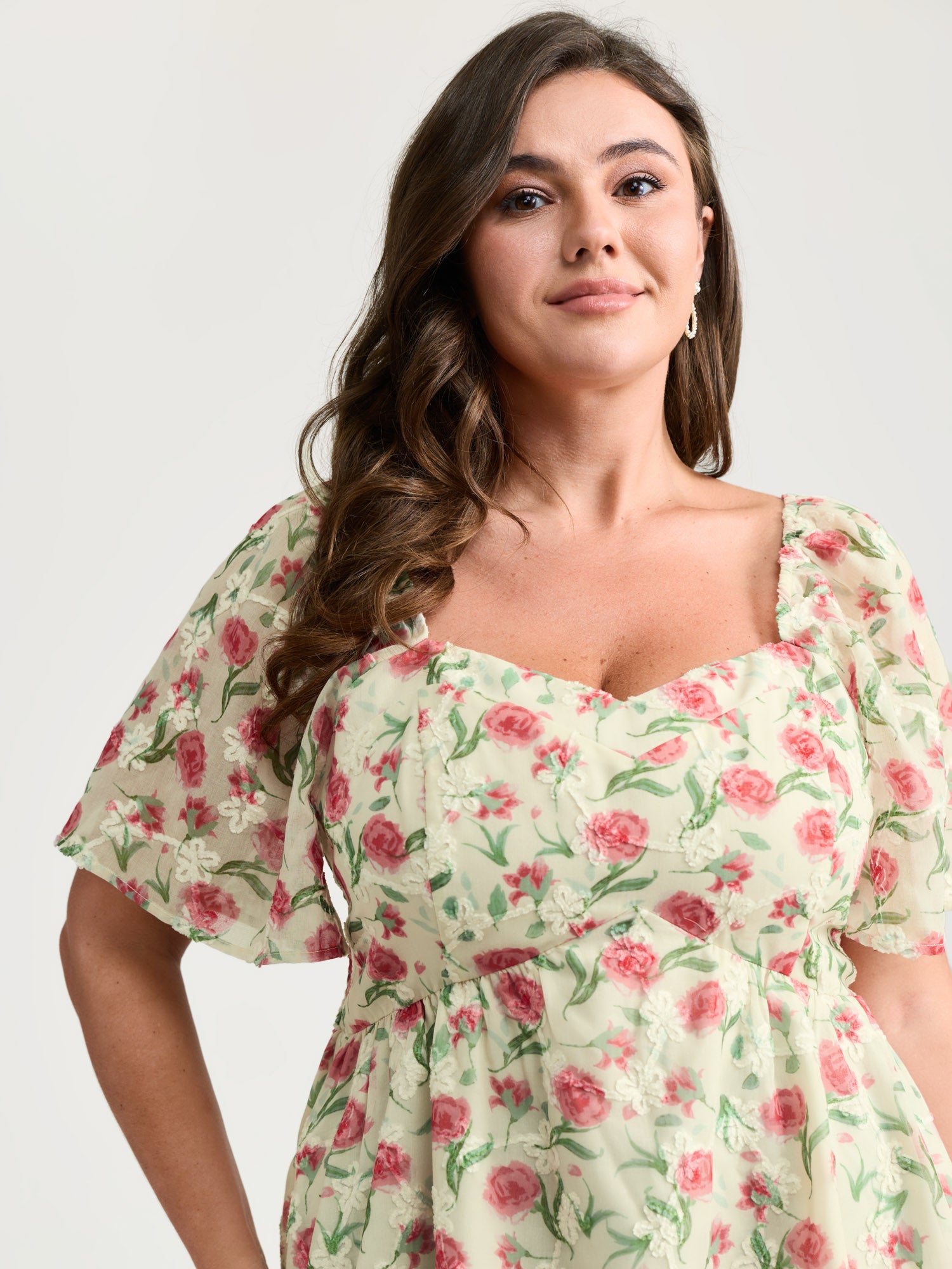 Rosy Floral Print Sweetheart Neckline Shirred Blouse