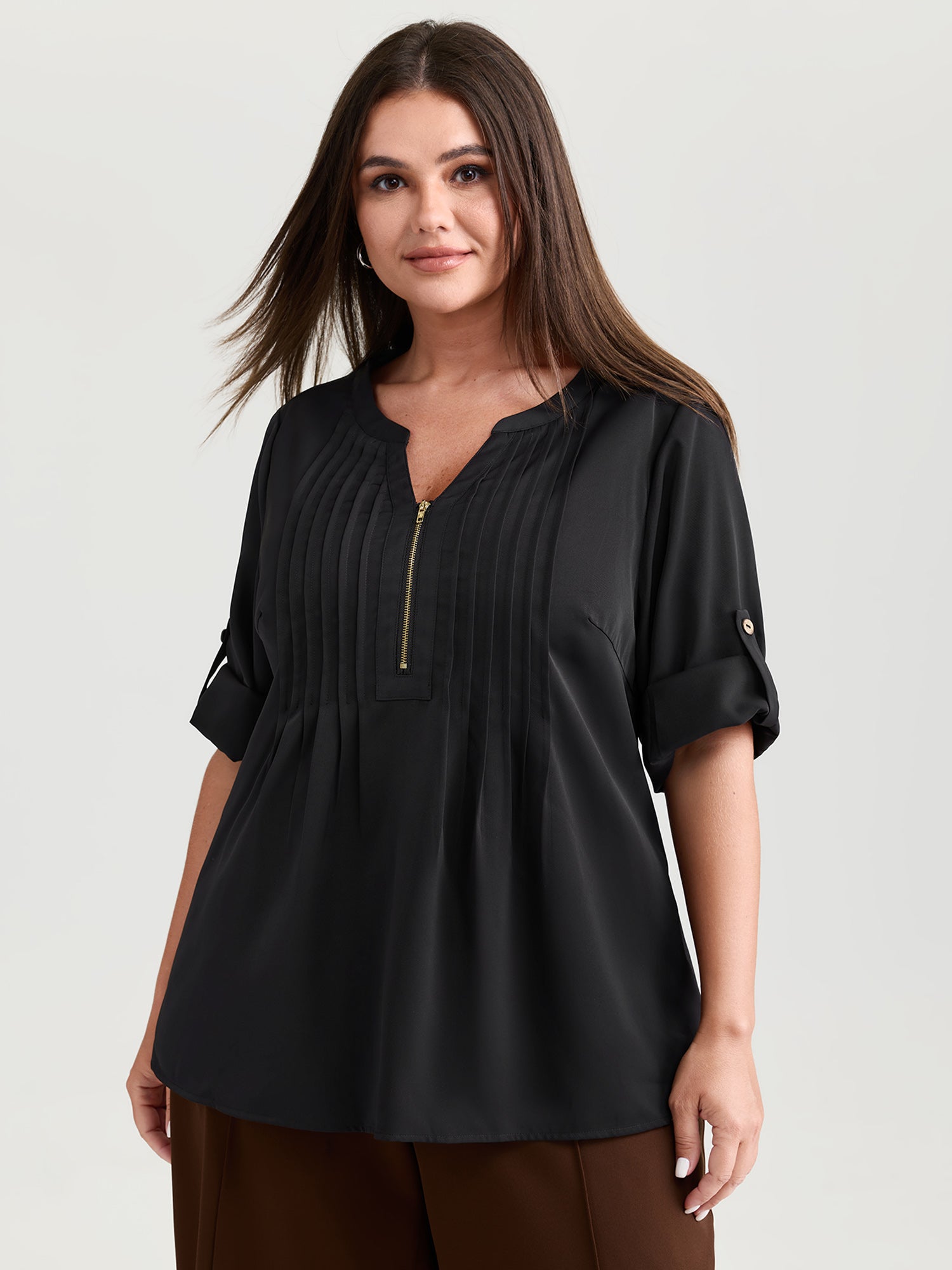 Zipper Front Pleated Flowy Blouse