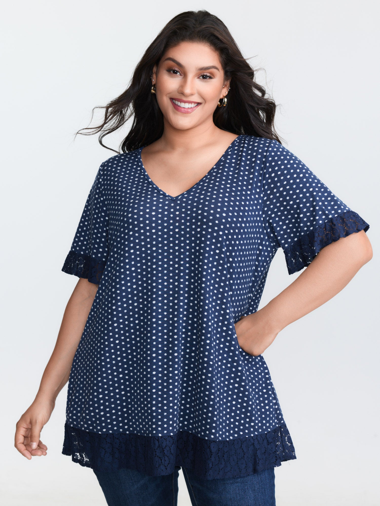 Polka Dots Print Lace Trim Knit Top