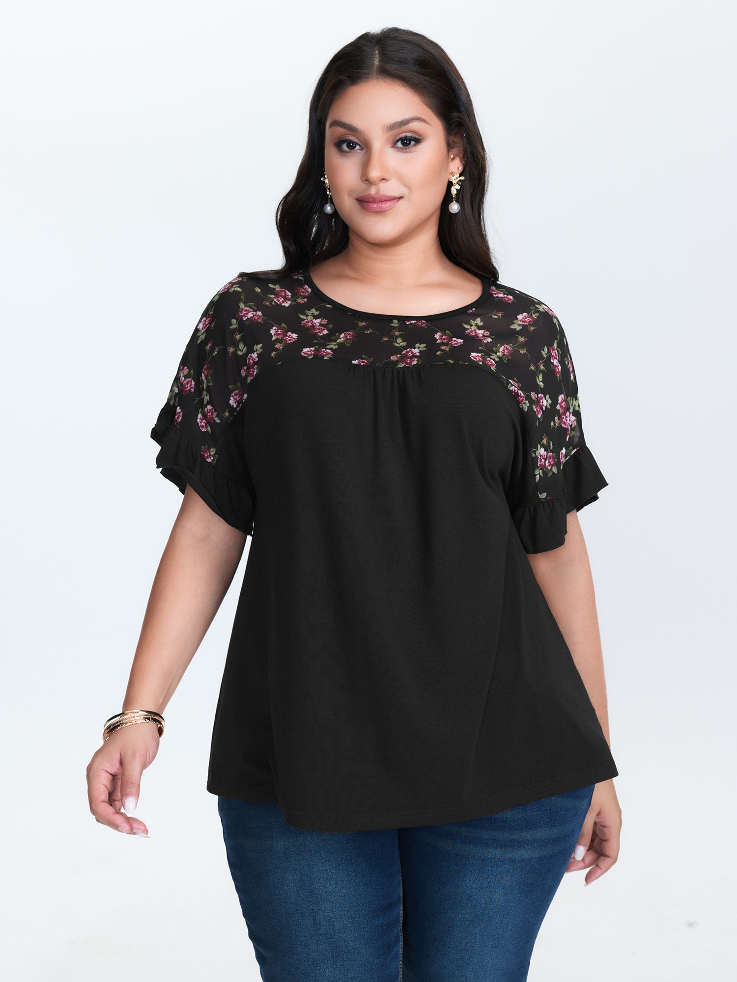 Sheer Floral Print Contrast Knit Top