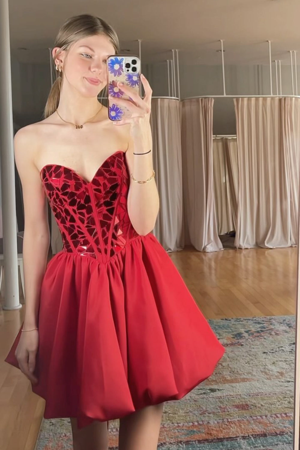Sparkly A-Line Red Strapless Mirror Pleated Short Homecoming Dress/Mini Dress