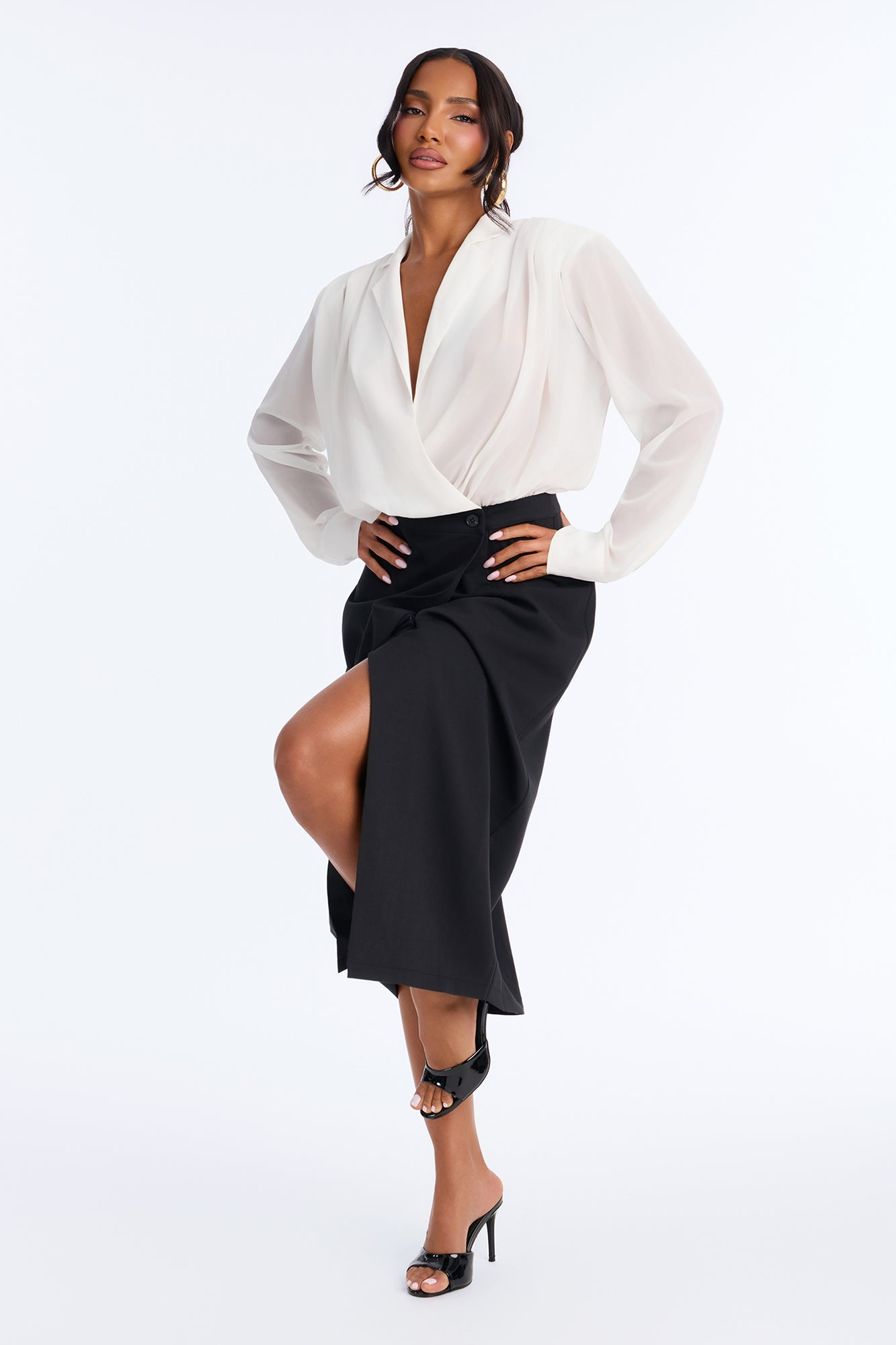 Take Notes Long Sleeve Midi Dress - White/Black