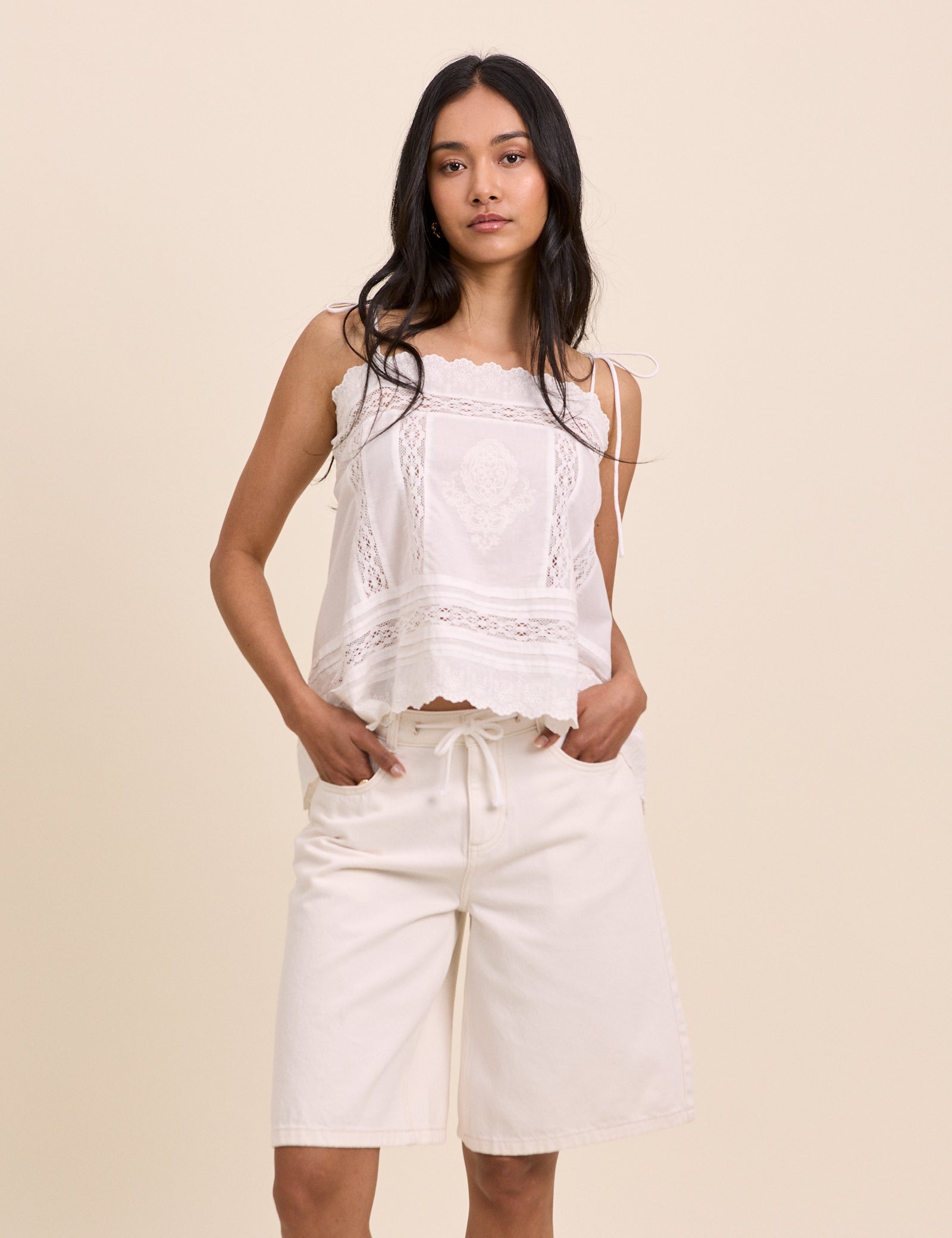 White Drawstring Bermuda Denim Shorts
