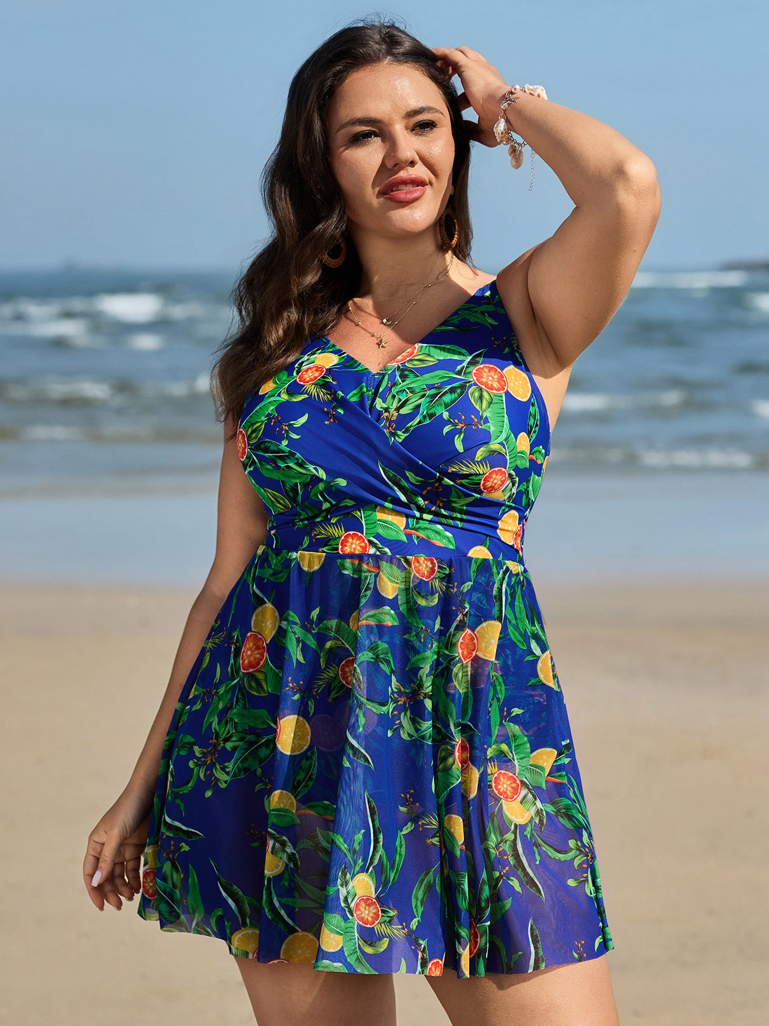 Tropical Fruit Print Twist Mesh Swim Dress