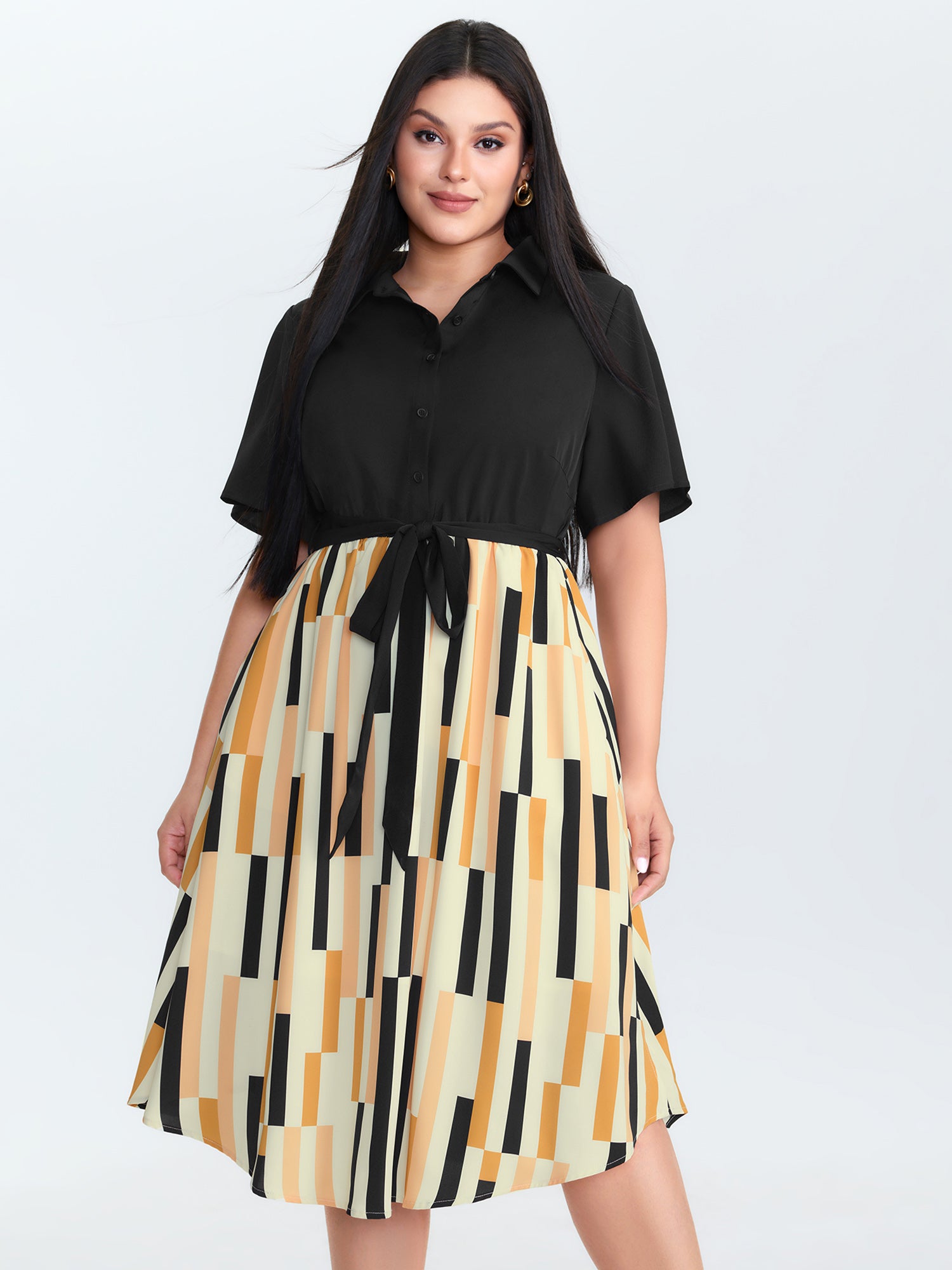 Geometric Print Waist Tie Midi Dress