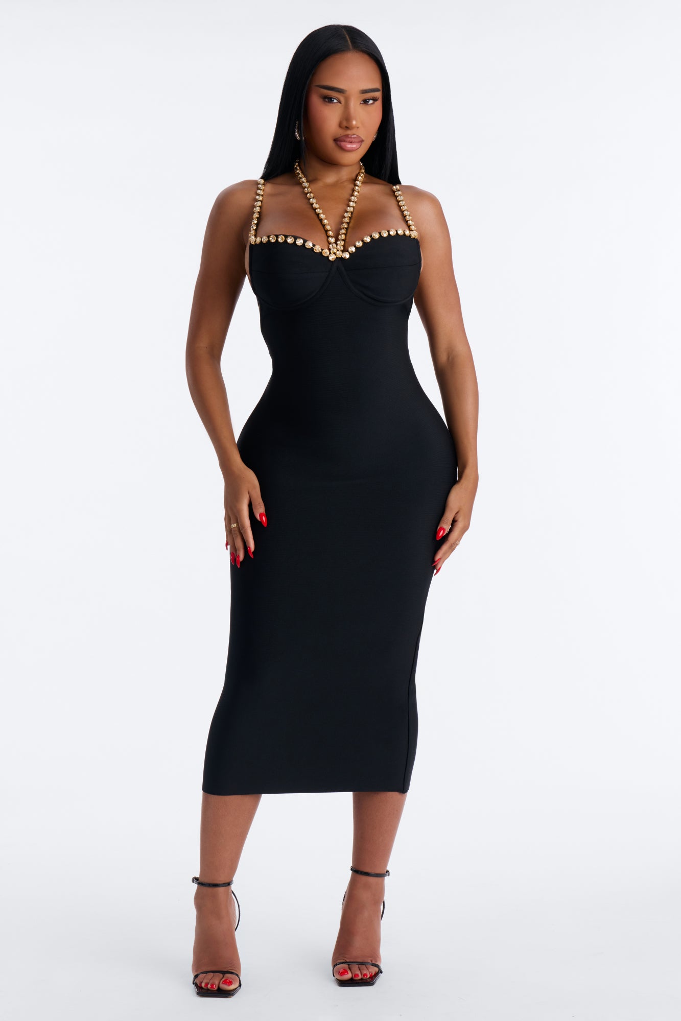 Rachel Rhinestone Trim Bandage Midi Dress - Black