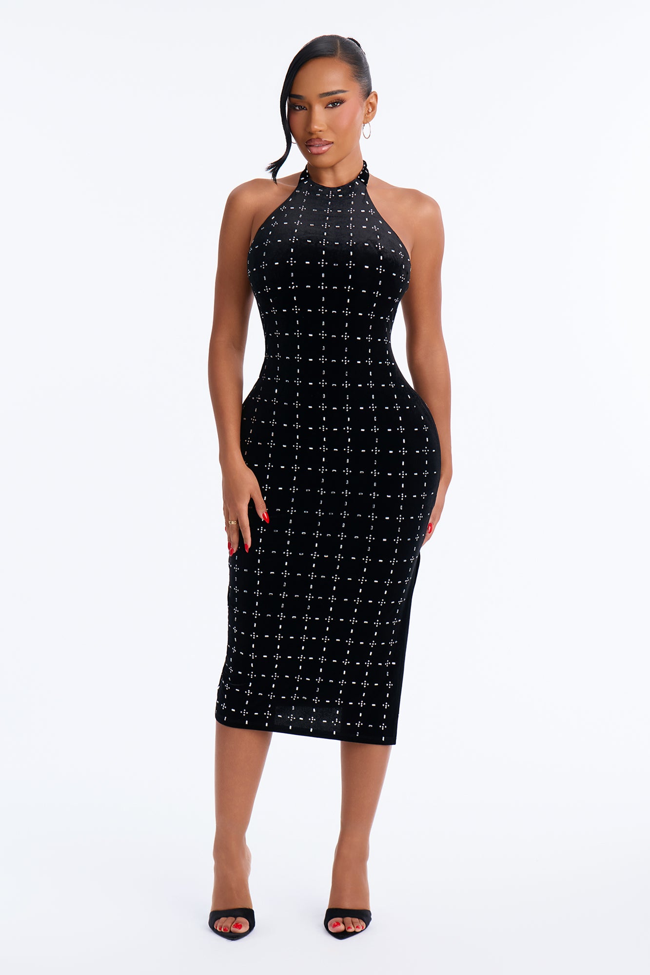 Tamara Velvet Embellished Midi Dress - Black