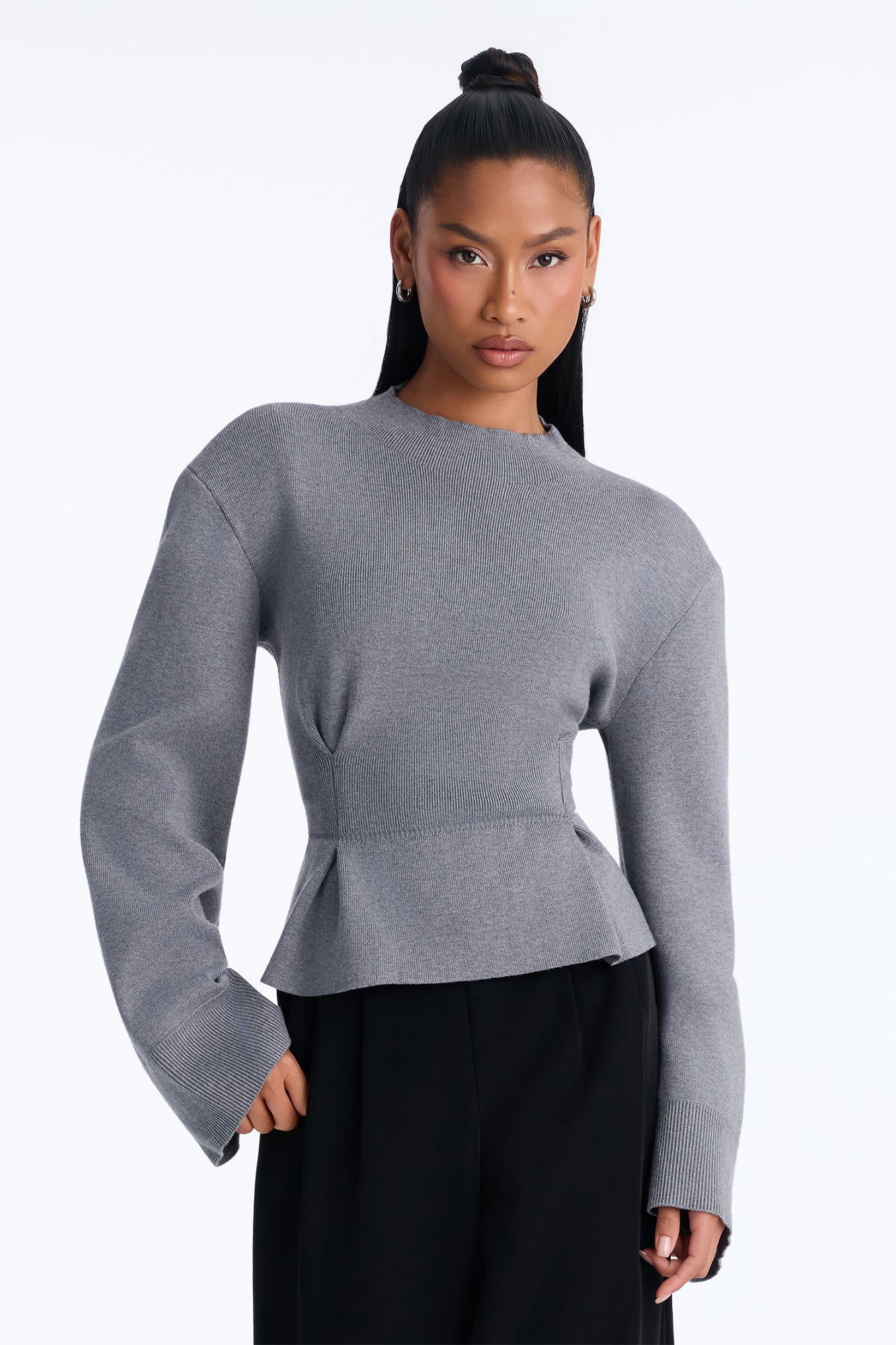 Bold Whispers Peplum Sweater Top - Heather Grey