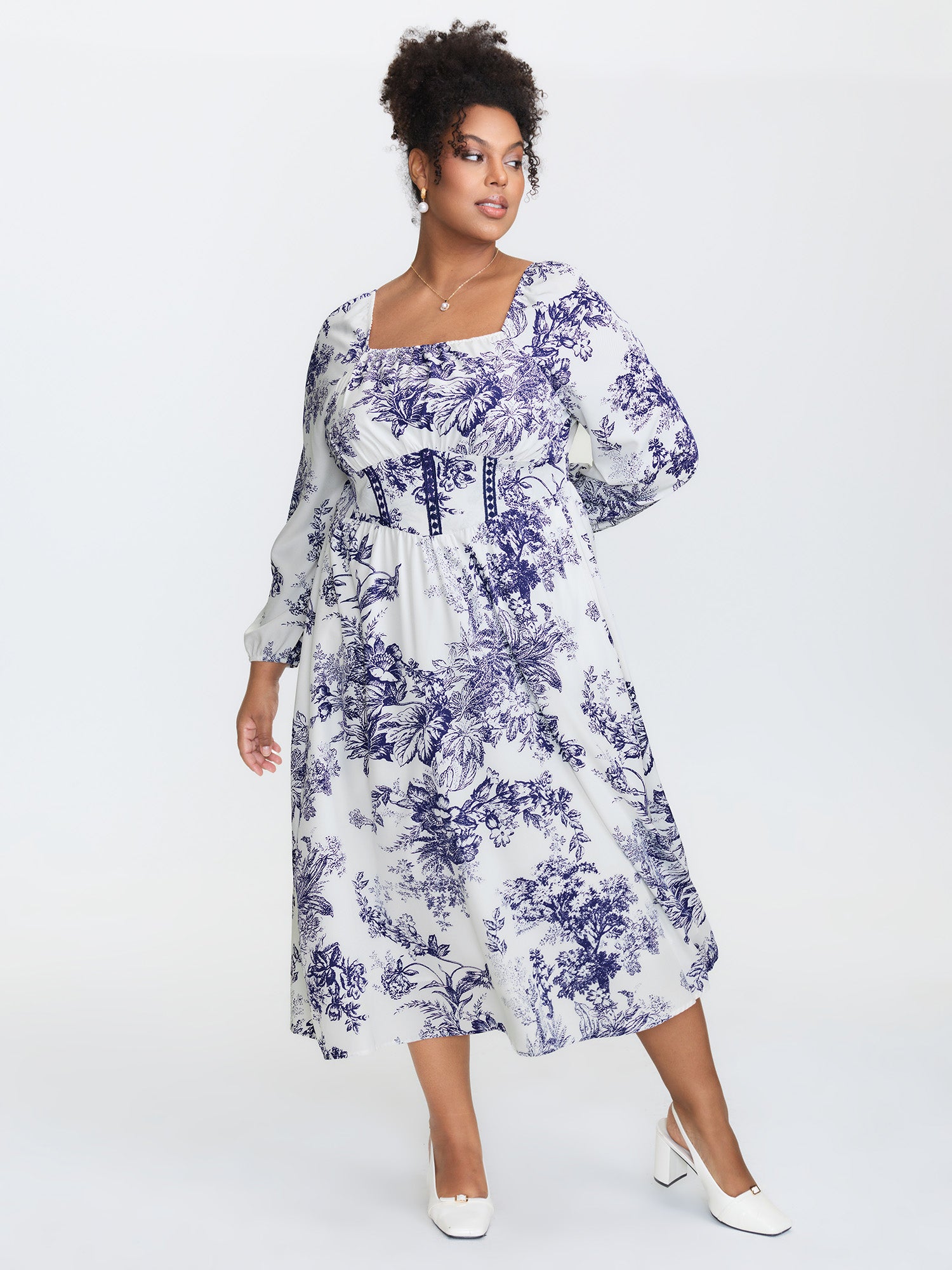 Jouy Pattern Triangular Cinched-Waist Midi Dress