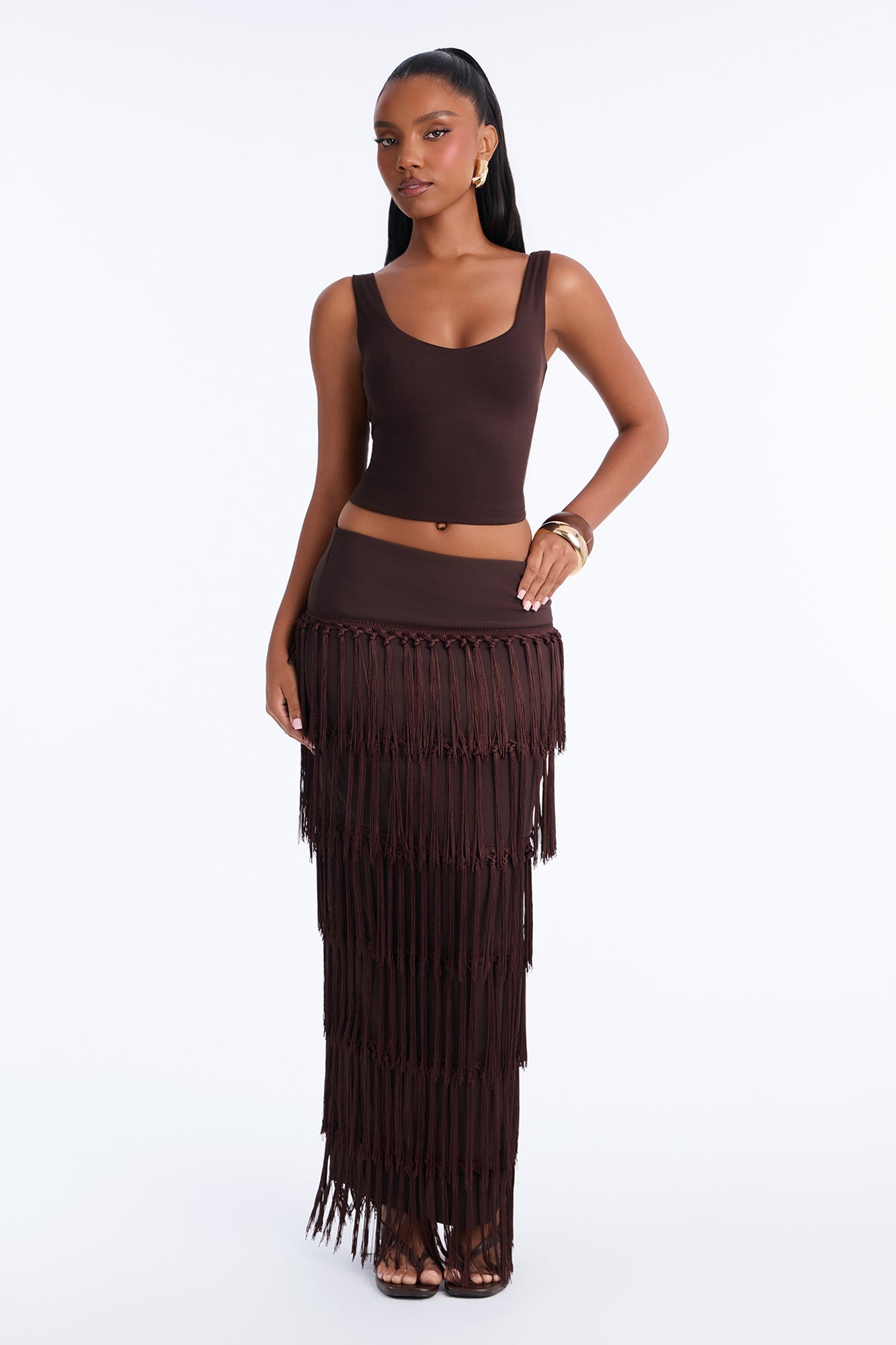 Talia Tiered Fringe Maxi Skirt - Chocolate