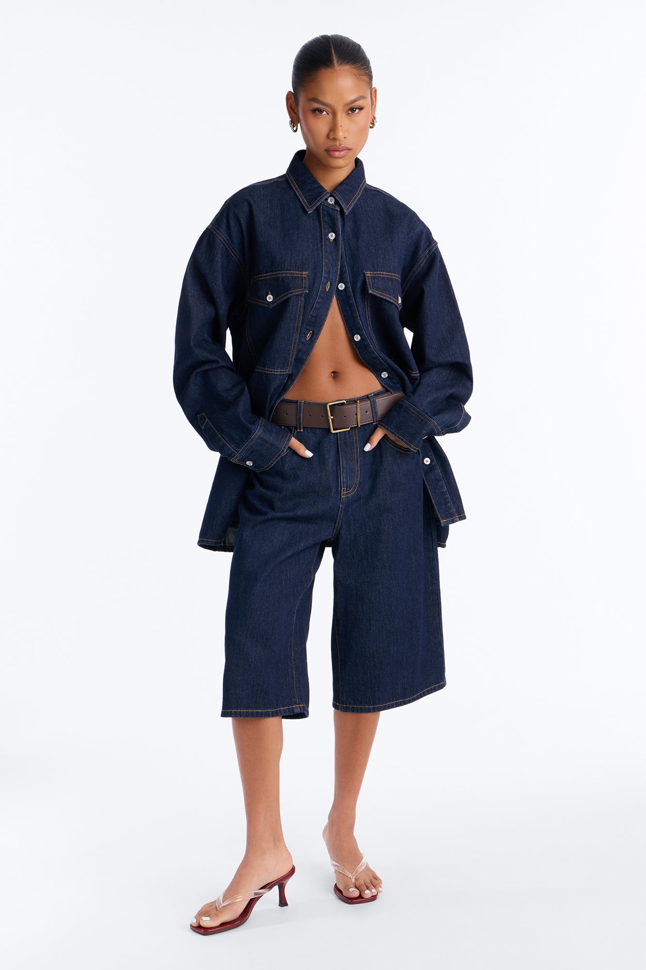 Going Downtown Denim Belted Jort Set - Dark Wash