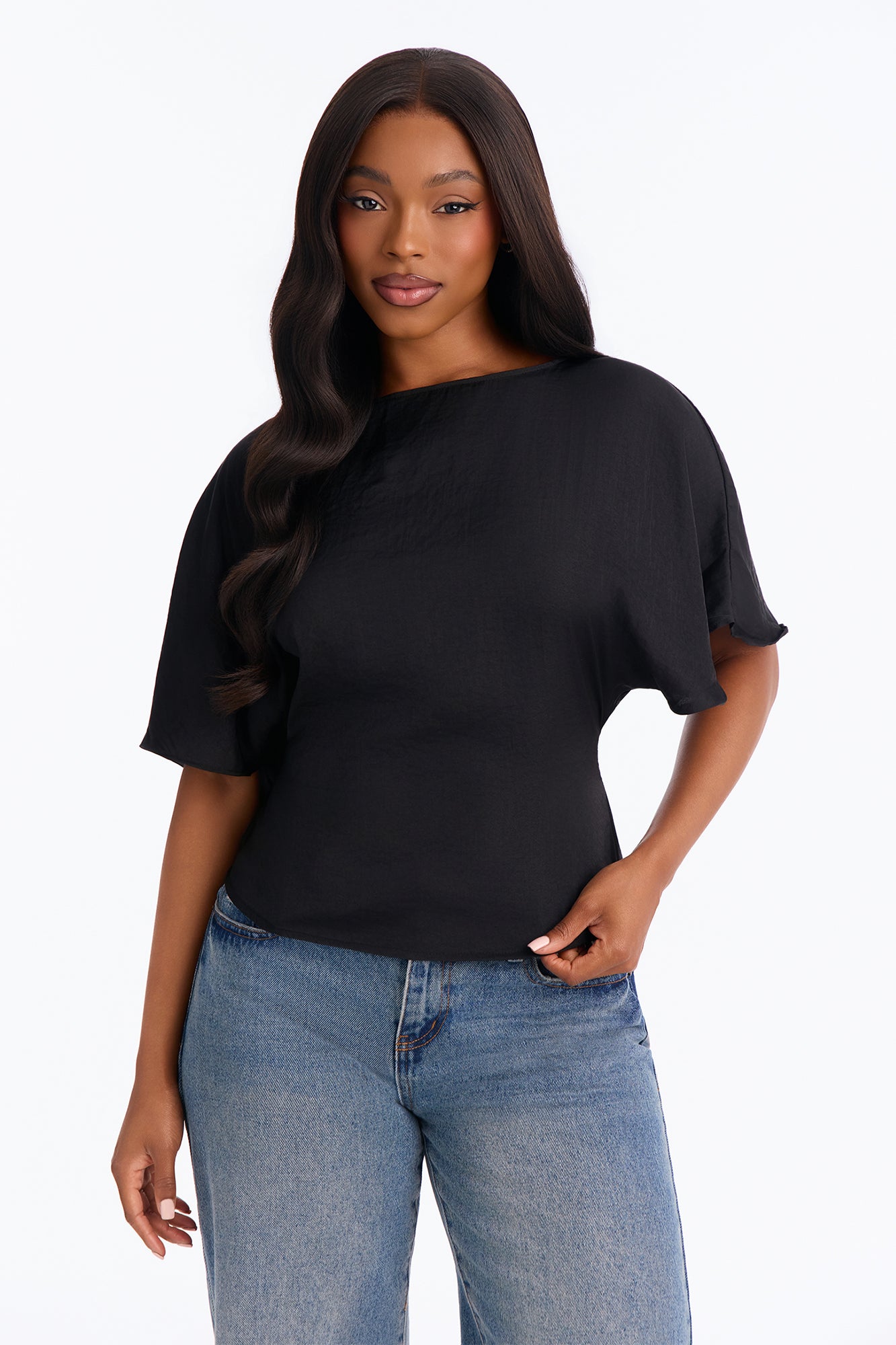 Soft Serene Short Sleeve Satin Blouse - Black