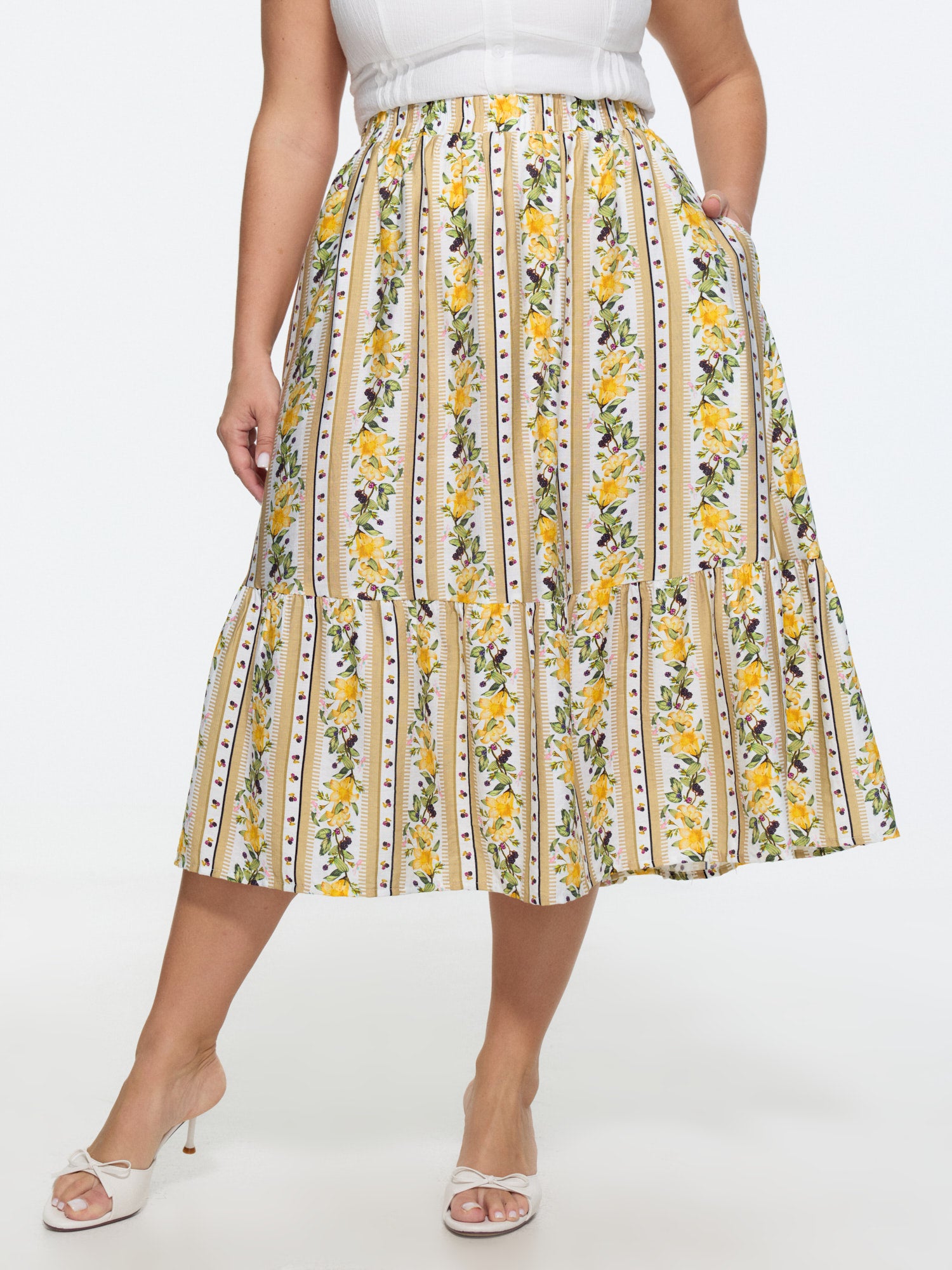 Floral Striped Print Ruffled Hem Midi Skirt