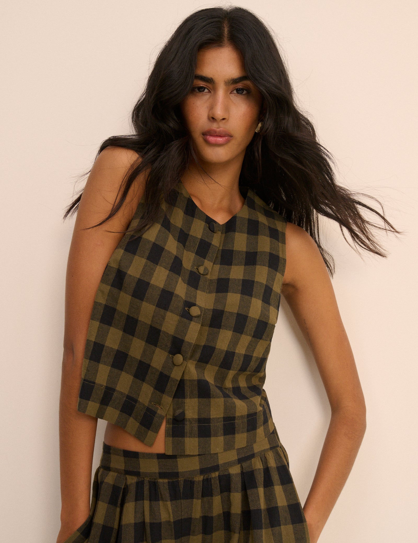 Khaki Green Gingham Button Front Top