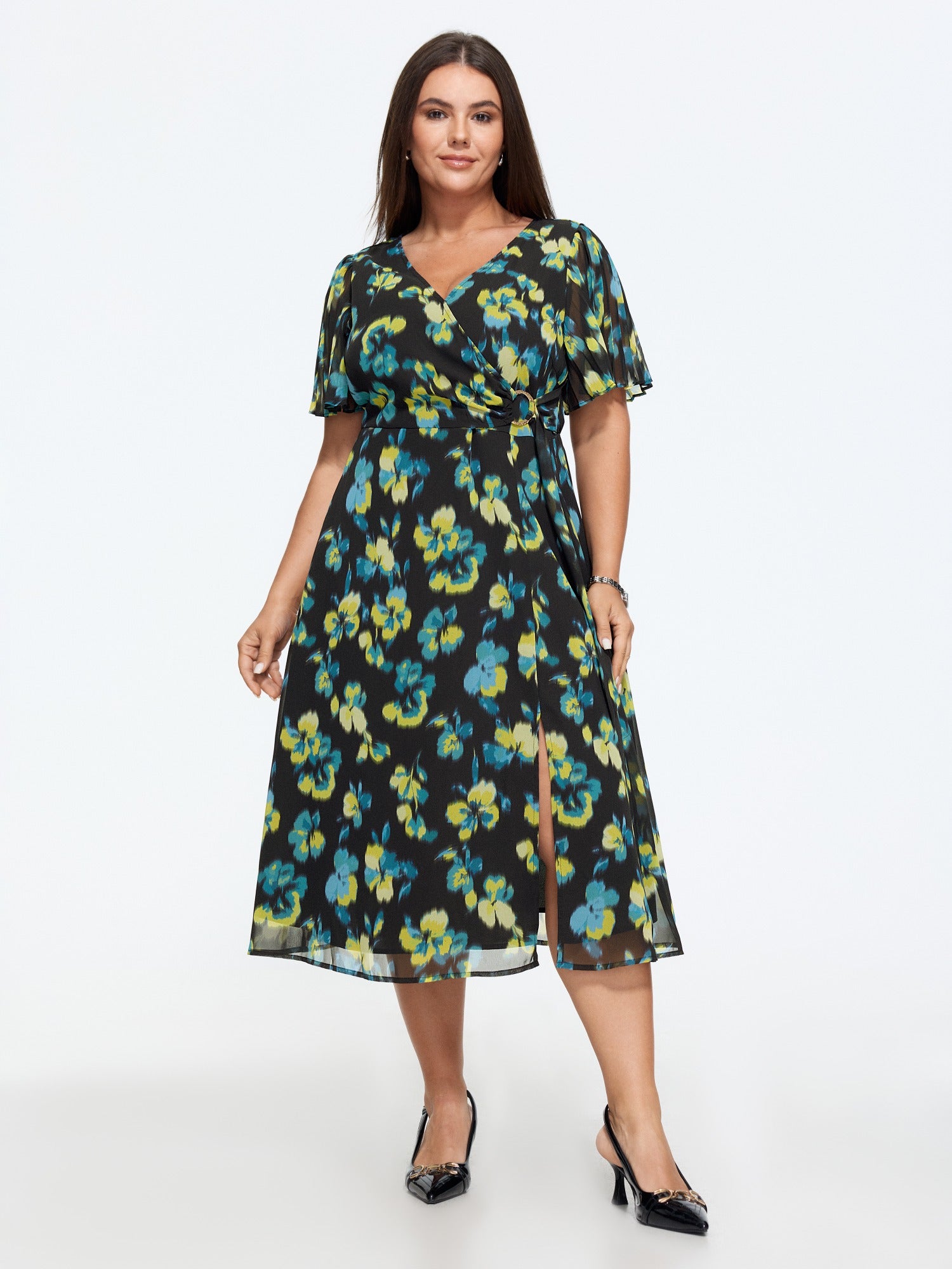 Floral Print Tie Waist Side Slit Midi Dress