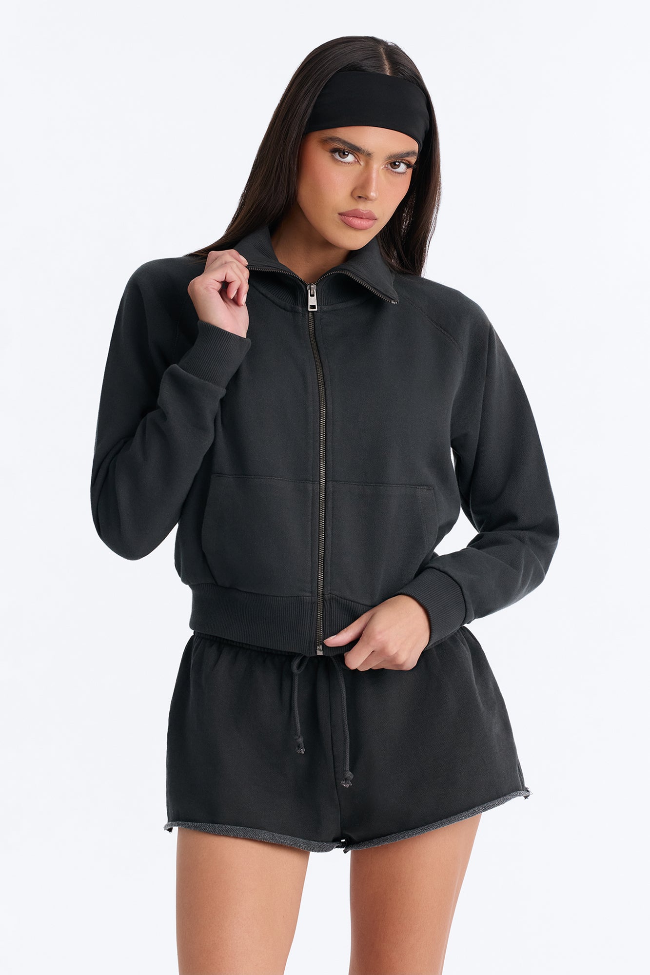 TERRY Funnel Neck Zip Sweatshirt - Washed Black