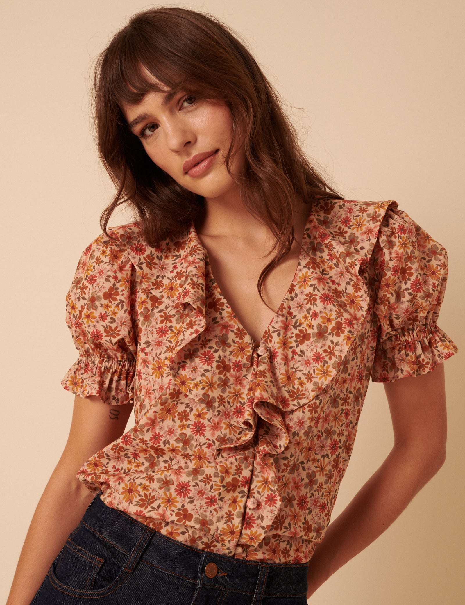 Pink Floral Ruffle Trim Top