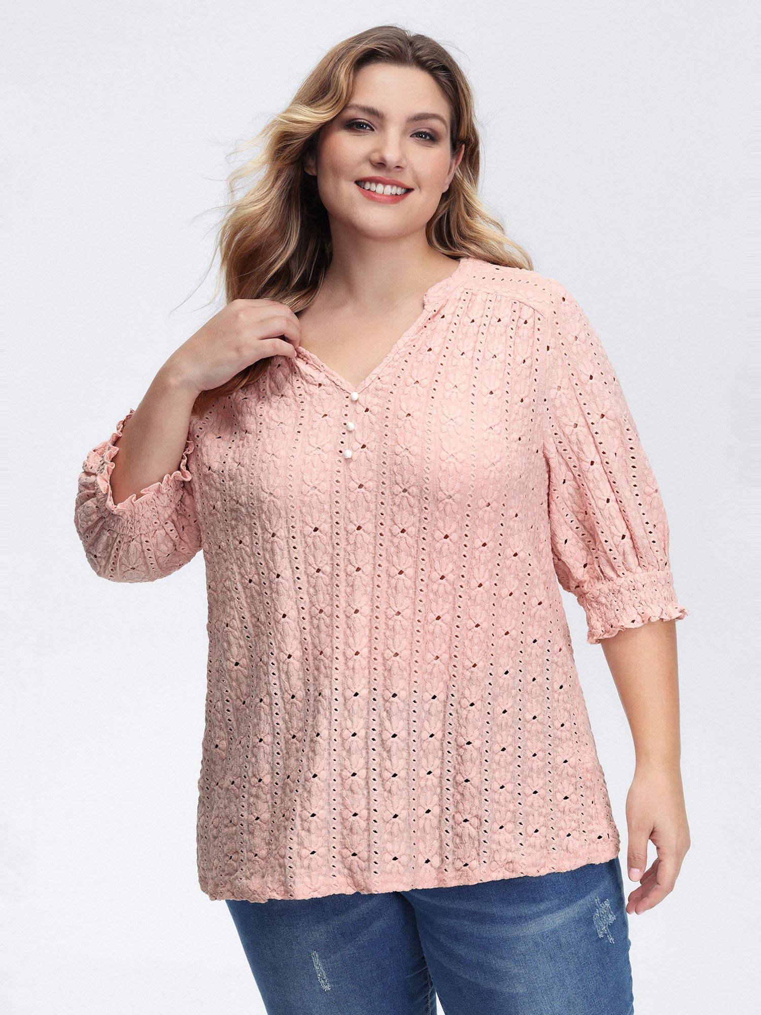 Texture Shirred Sleeve Cut Out T-Shirt