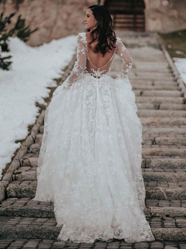 Charming Long Sleeves V-Neck Backless Lace A-Line Wedding Dresses with Court Train