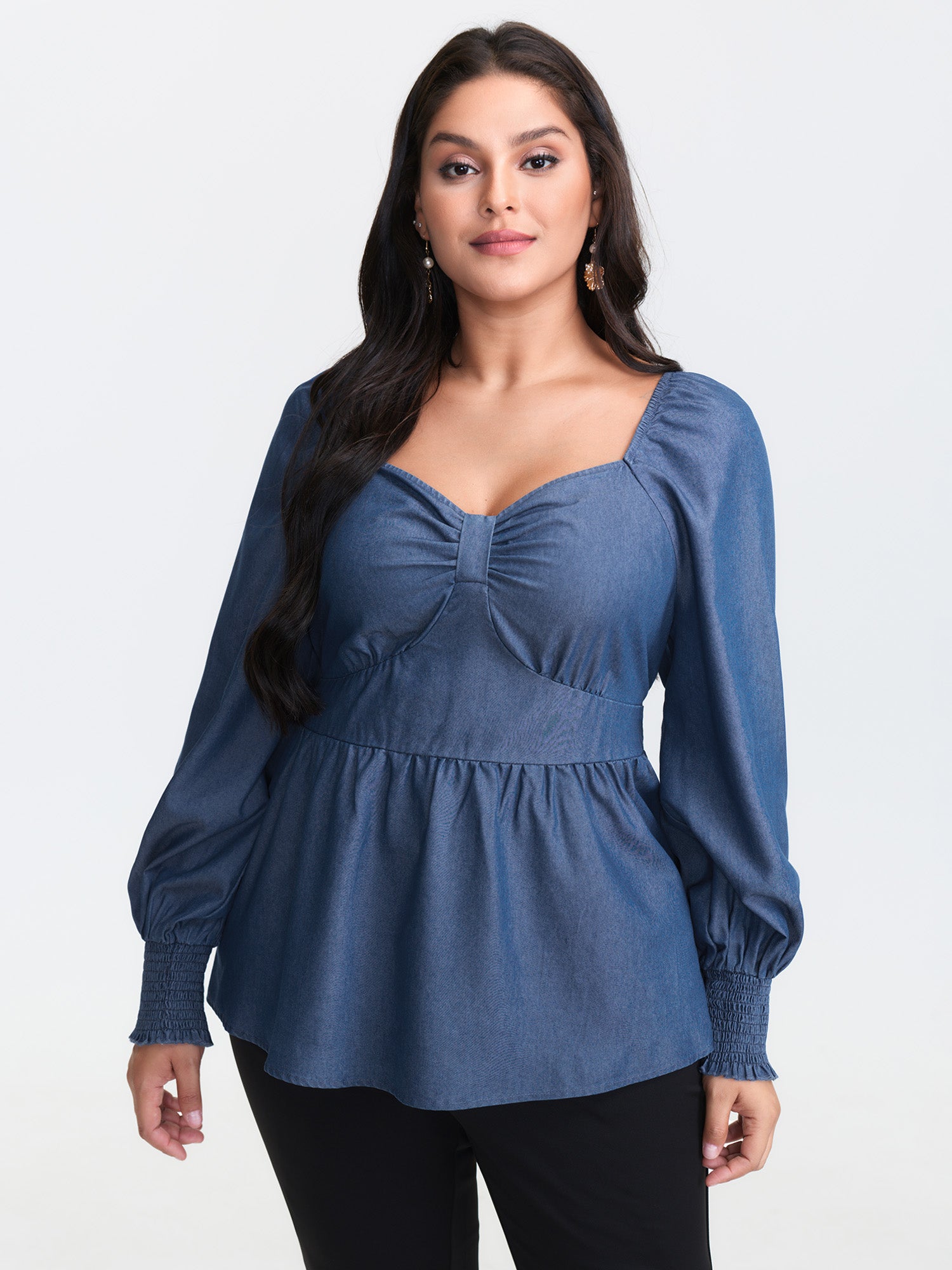 Denim Shirred Back Sweetheart Neck Blouse