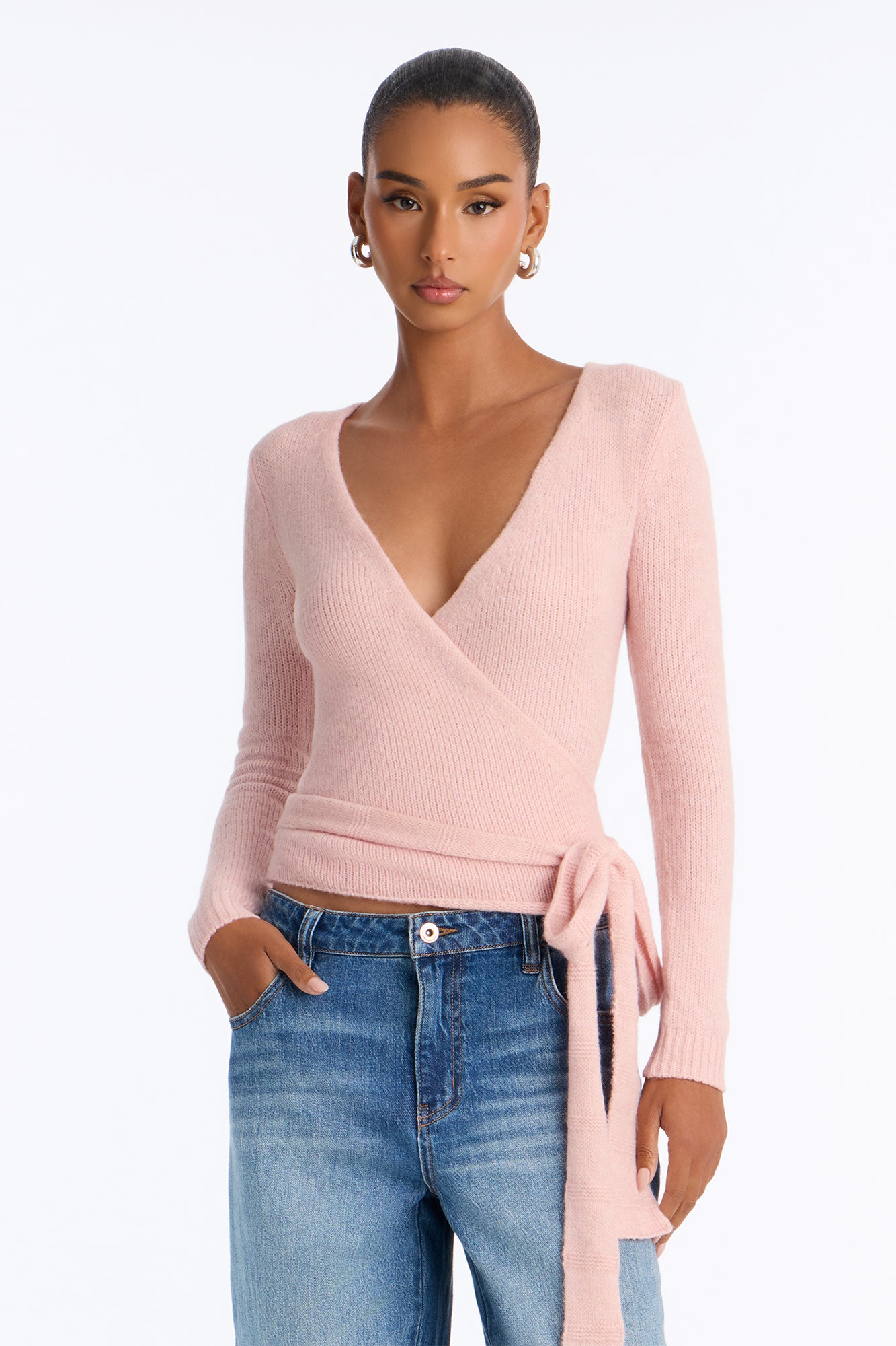 Sweetener Long Sleeve Surplice Wrap Cardigan - Light Pink