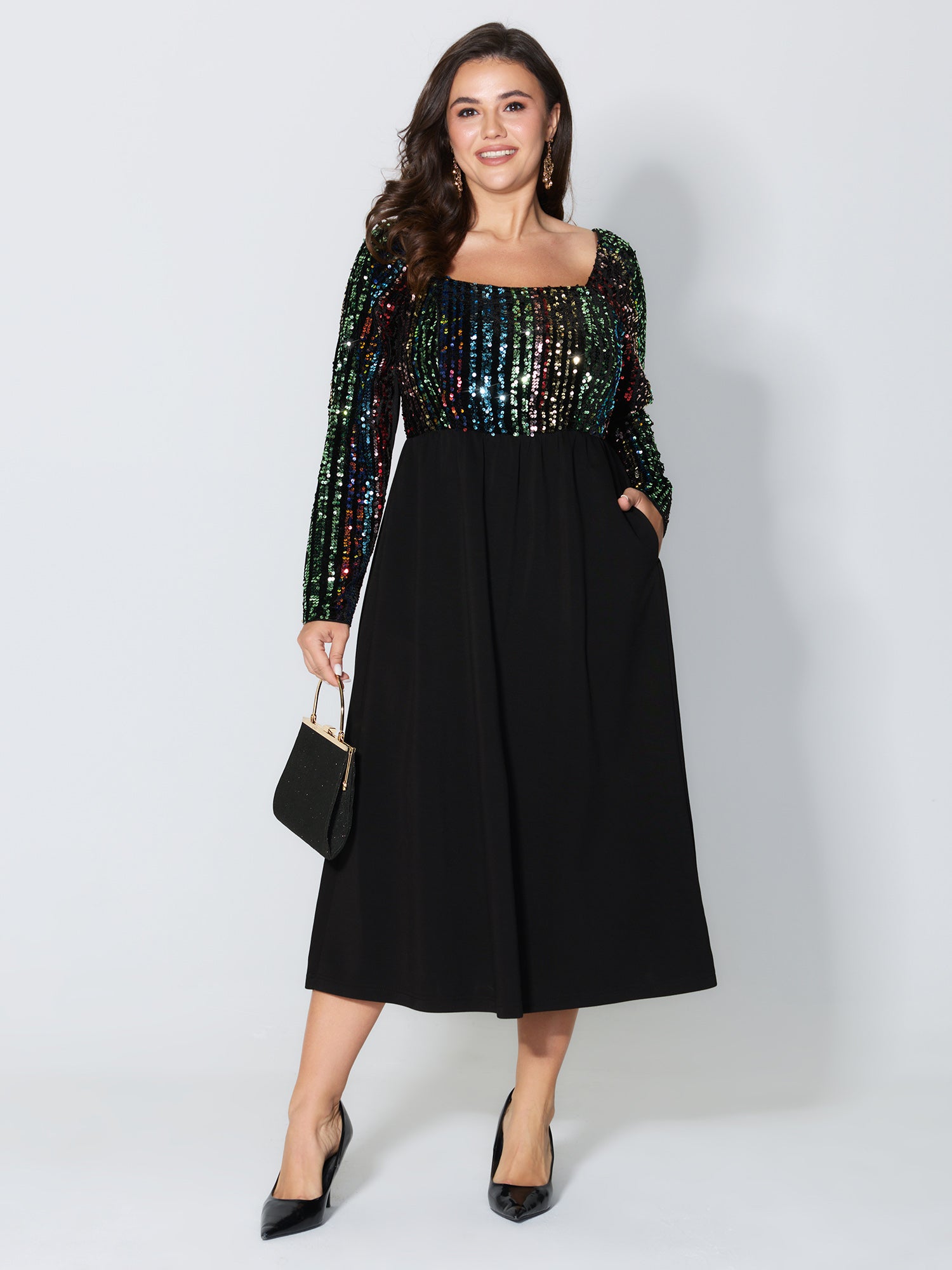 Sparkly Colorful Sequins Contrast Midi Dress