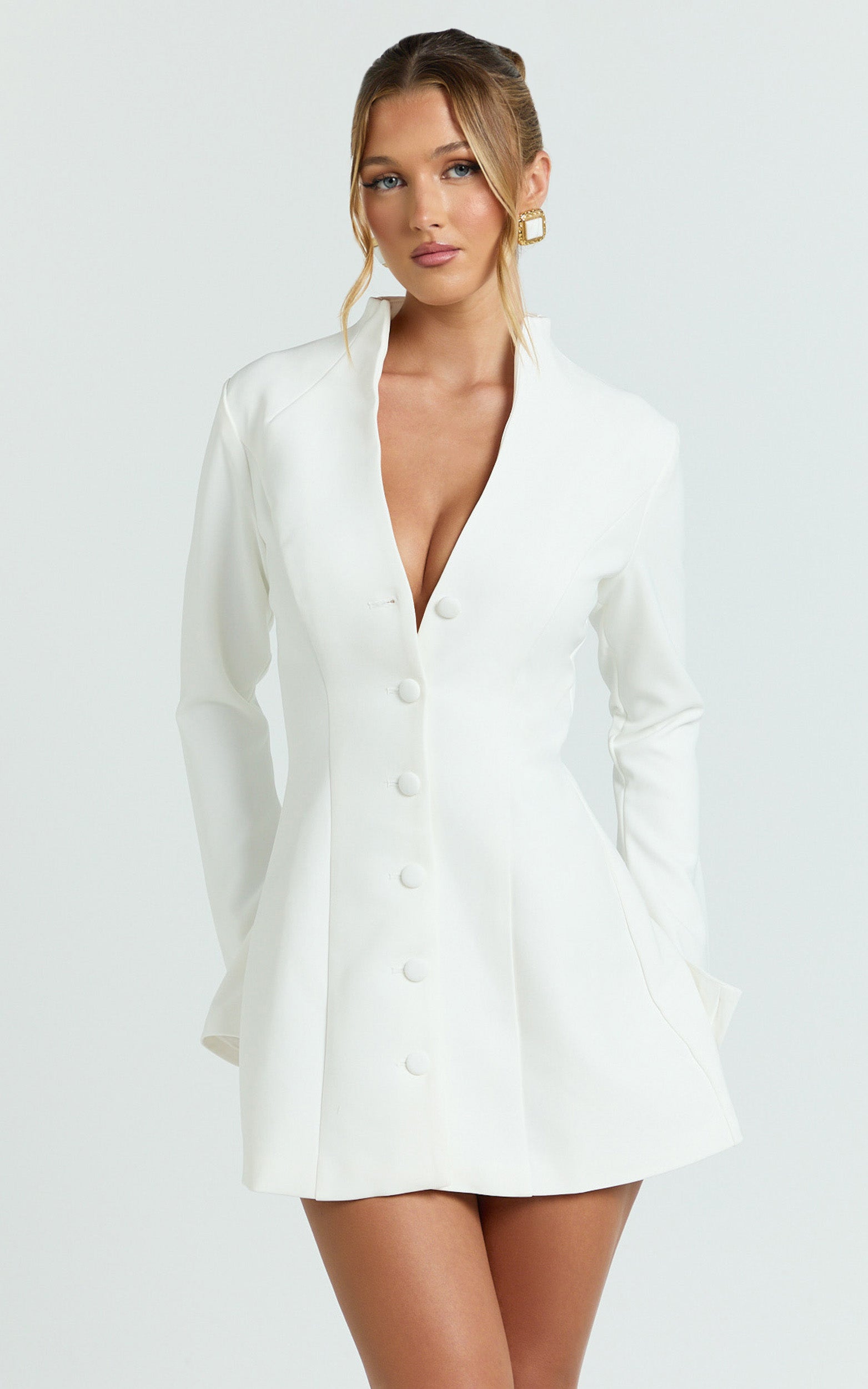 Layton Mini Dress - V Neck Long Sleeve Button Front Tulip Skirt Dress in White