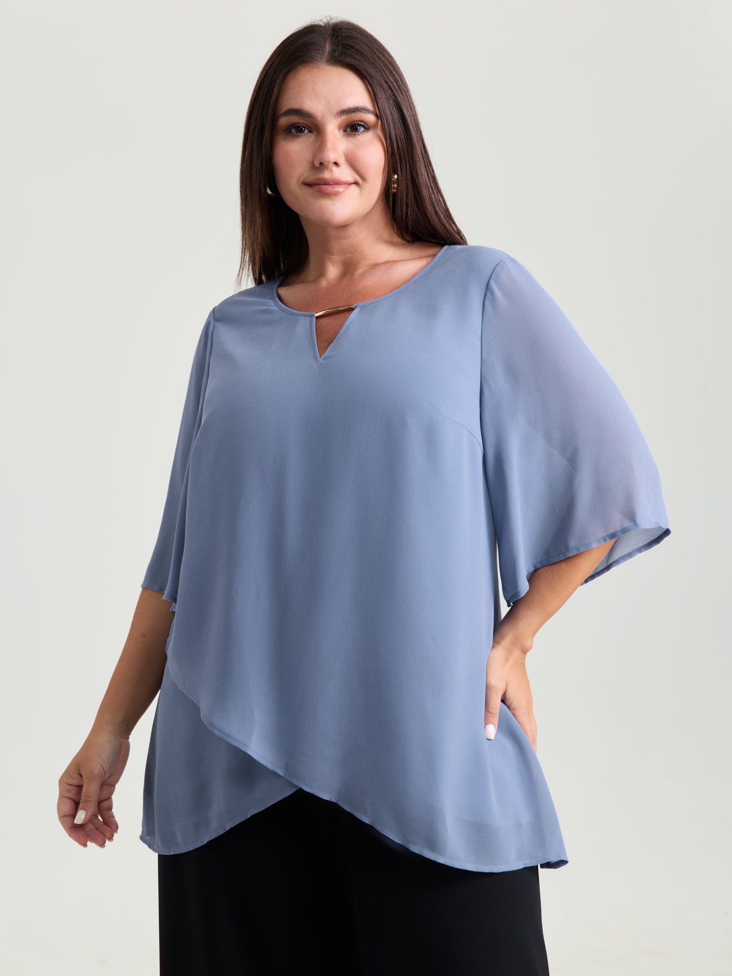 Overlap Hem Keyhole Neckline Metallic Detail Blouse
