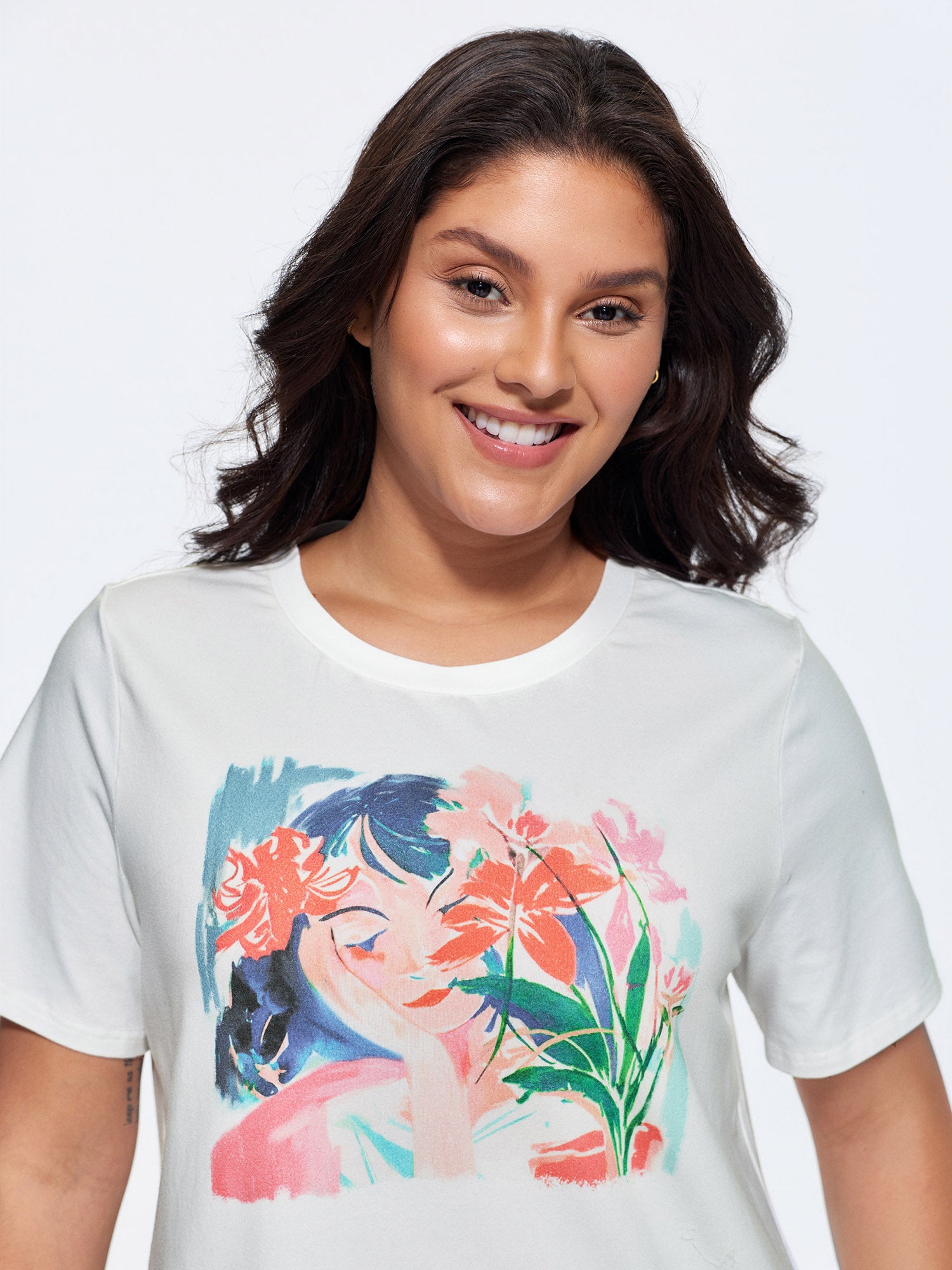 Cotton Flower Girl Print Crew Neck T-Shirt