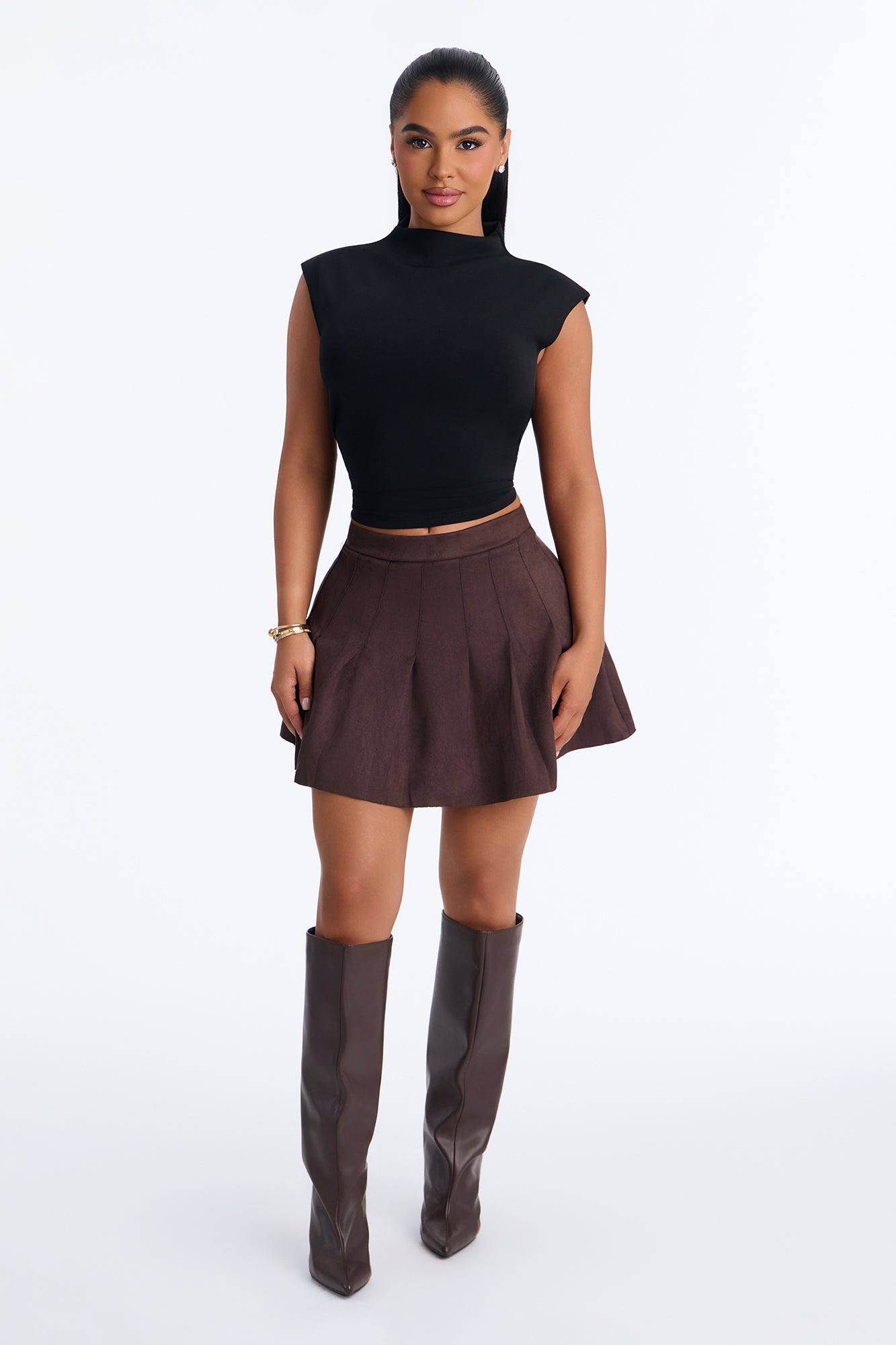 Fiona Faux Suede Pleated Mini Skirt - Chocolate