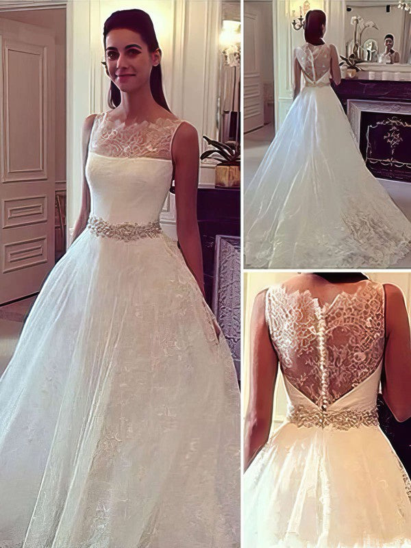 Elegant Bateau Lace Ball Gown Wedding Dresses with Sweep Train
