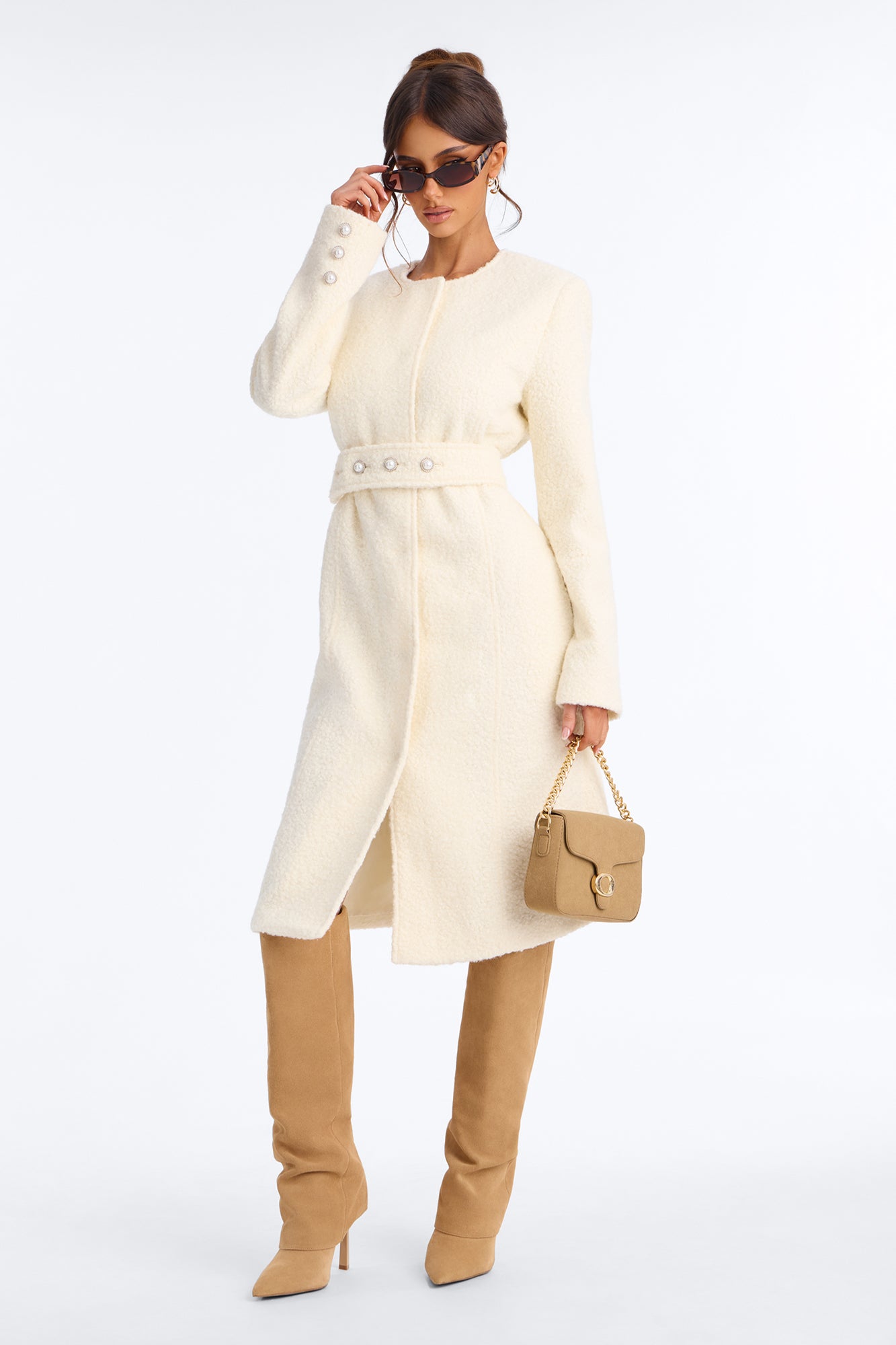 Uptown Boucle Belted Coat - Cream