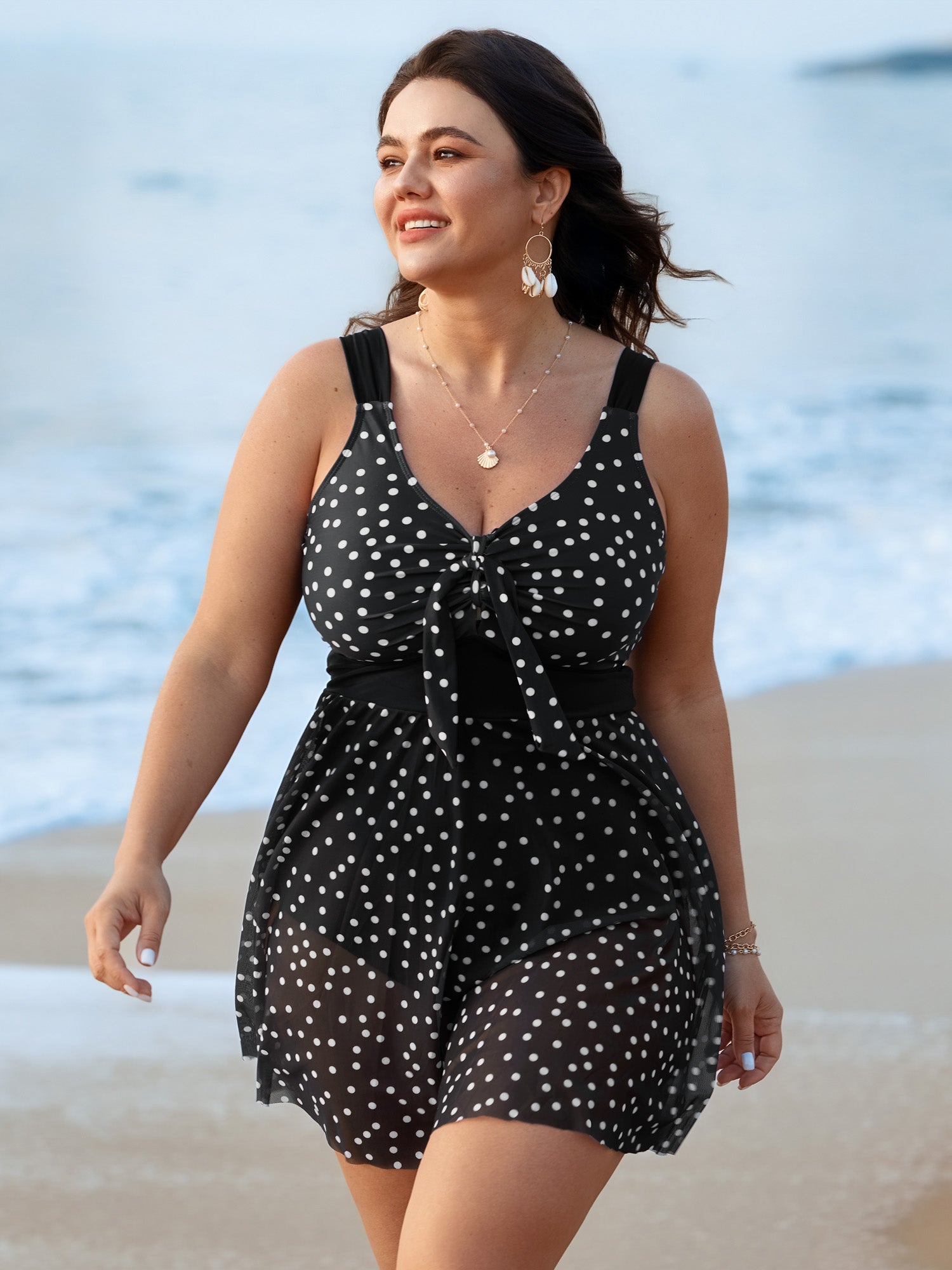 Polka Dots Mesh Neckline Tie Swim Dress
