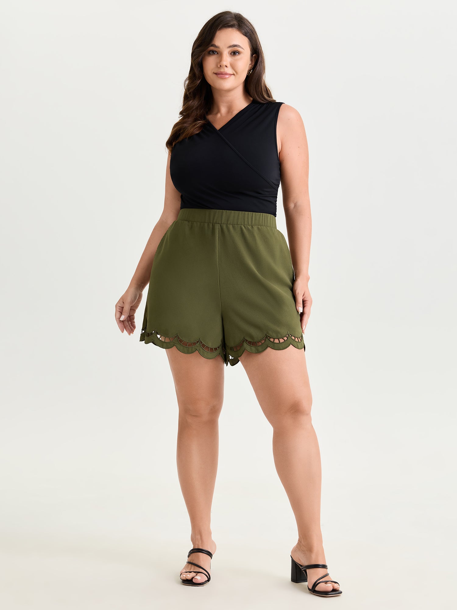Pull-On Embroidered Scalloped Hem Shorts