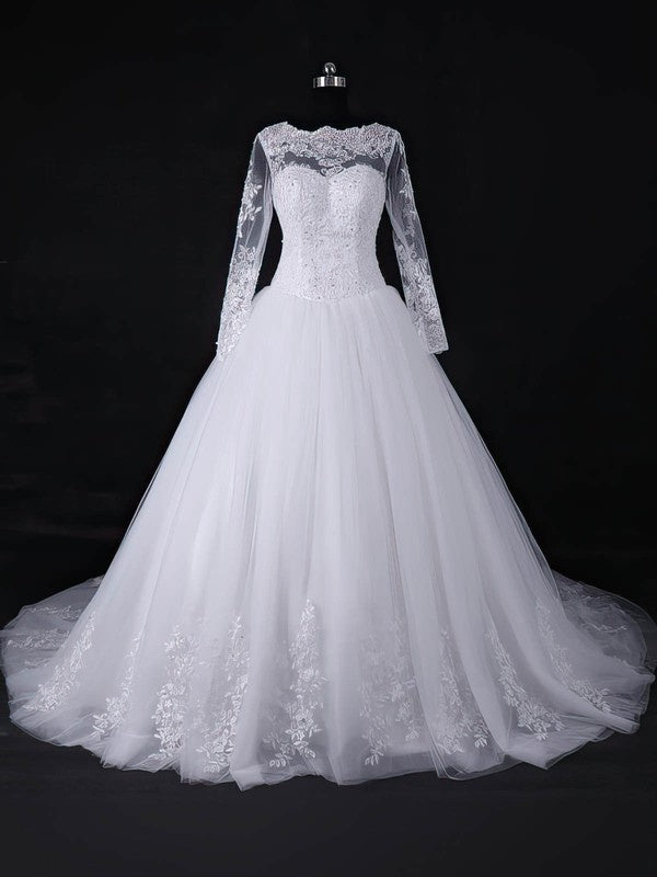 Glamorous Tulle Chapel Train Long Sleeves Lace Ball Gown Wedding Dresses