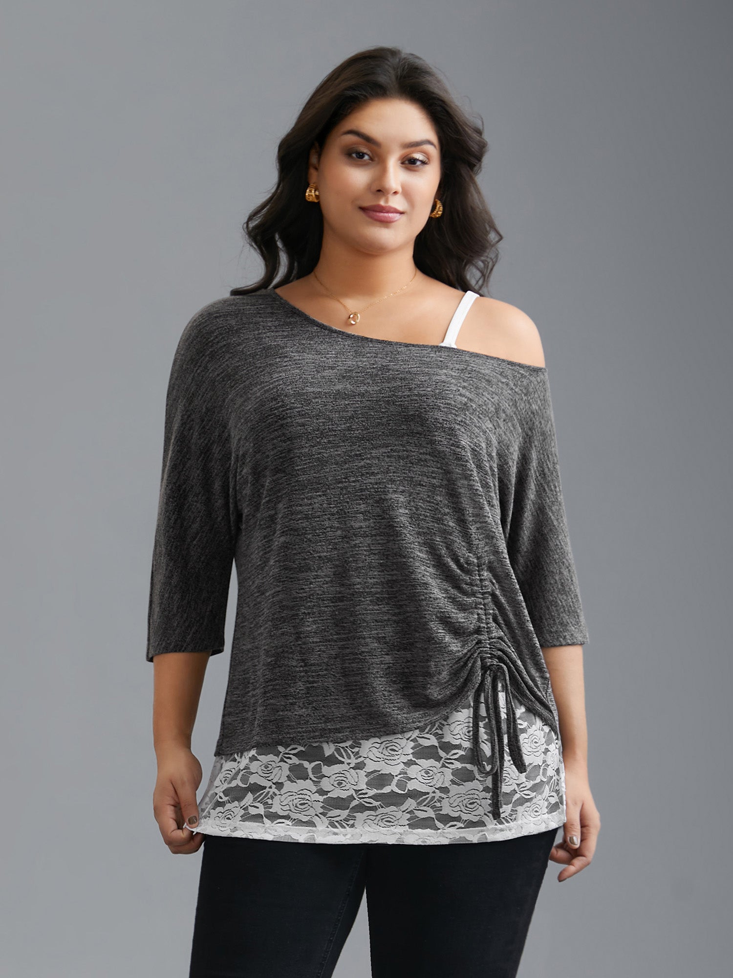 One-Shoulder Two-Piece Drawstring Knit Top