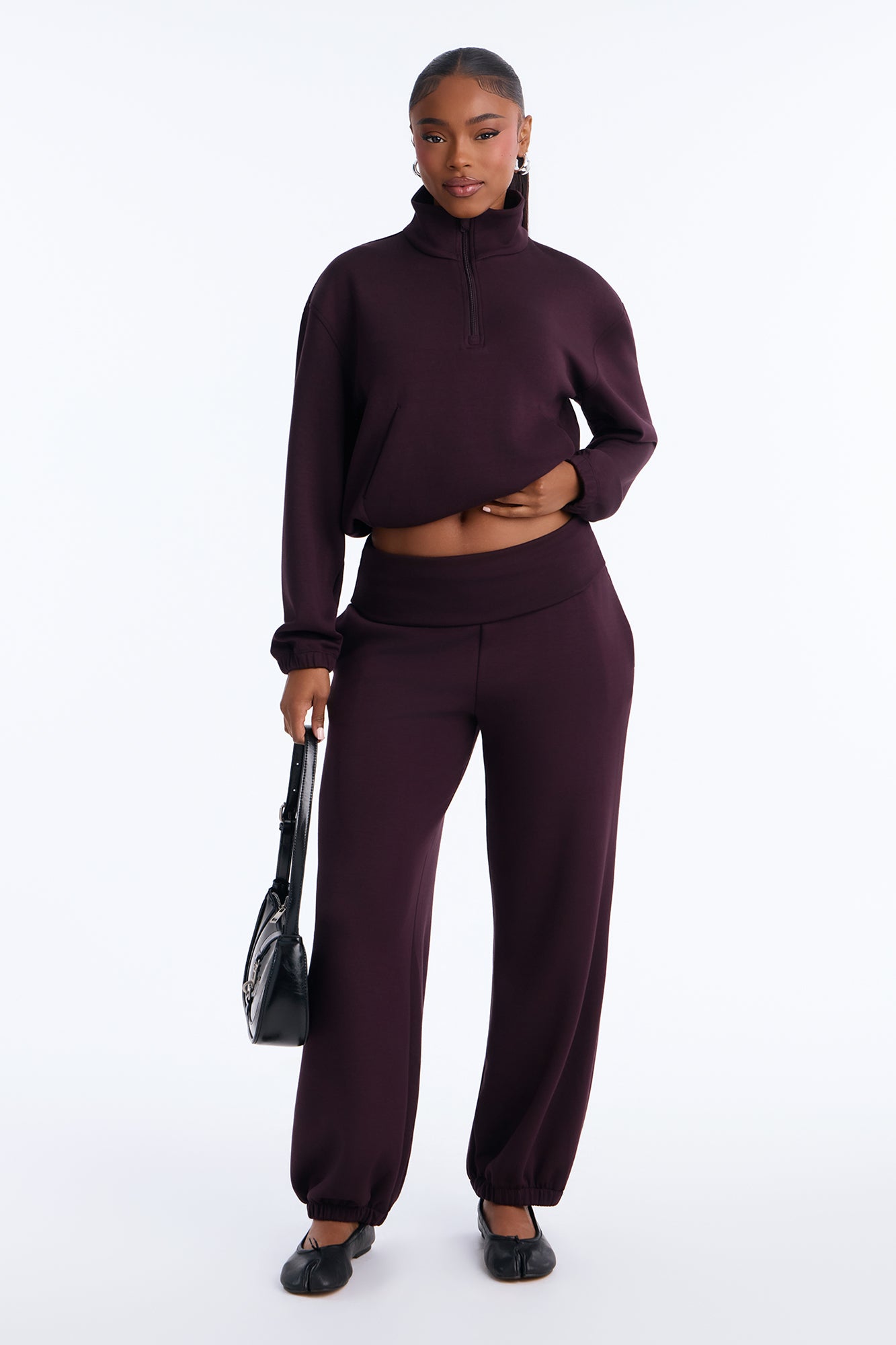 Bella Scuba Lounge Foldover Waist Pant - Burgundy