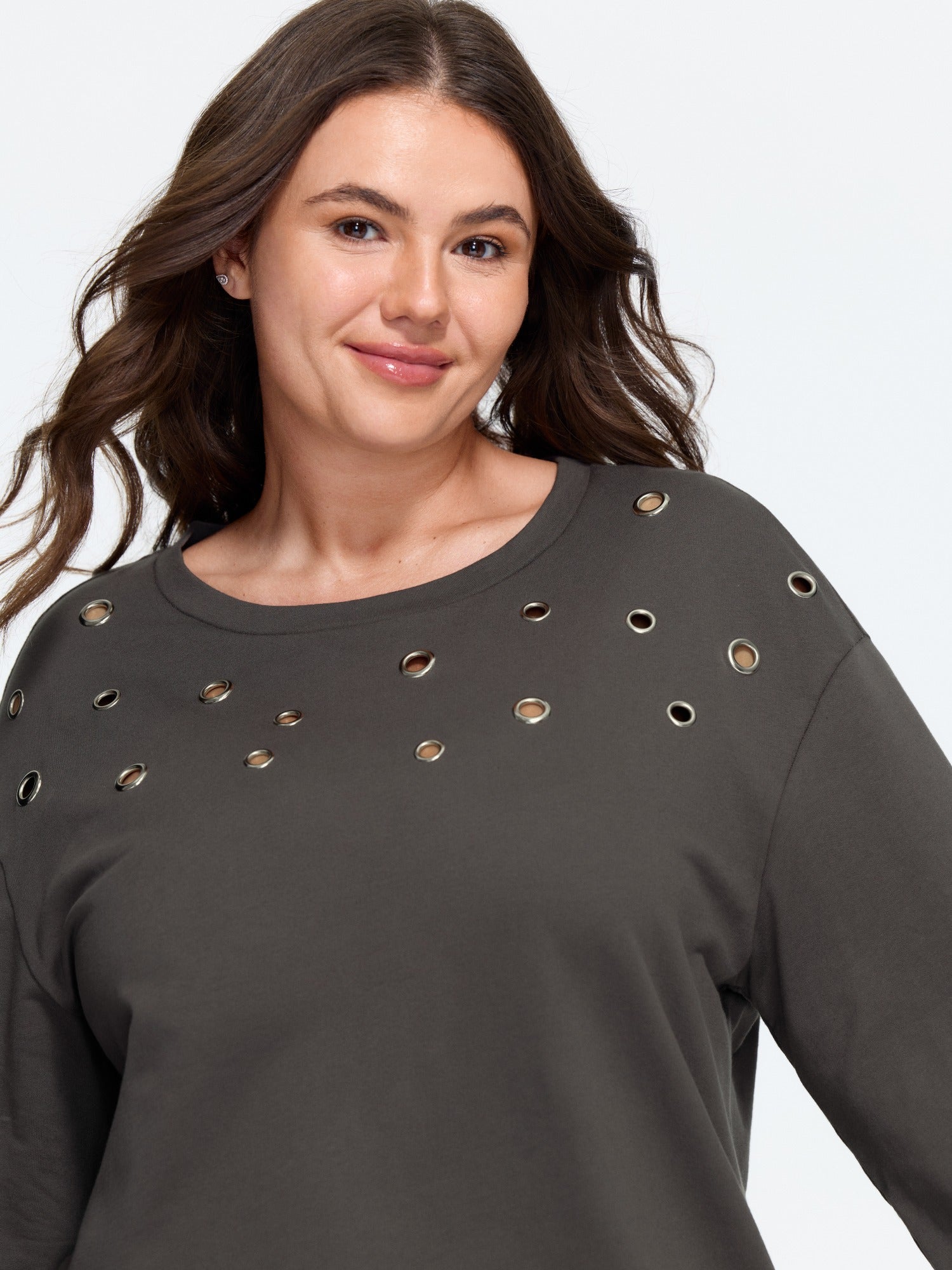 Cotton Grommet Detail Round Neck Sweatshirt